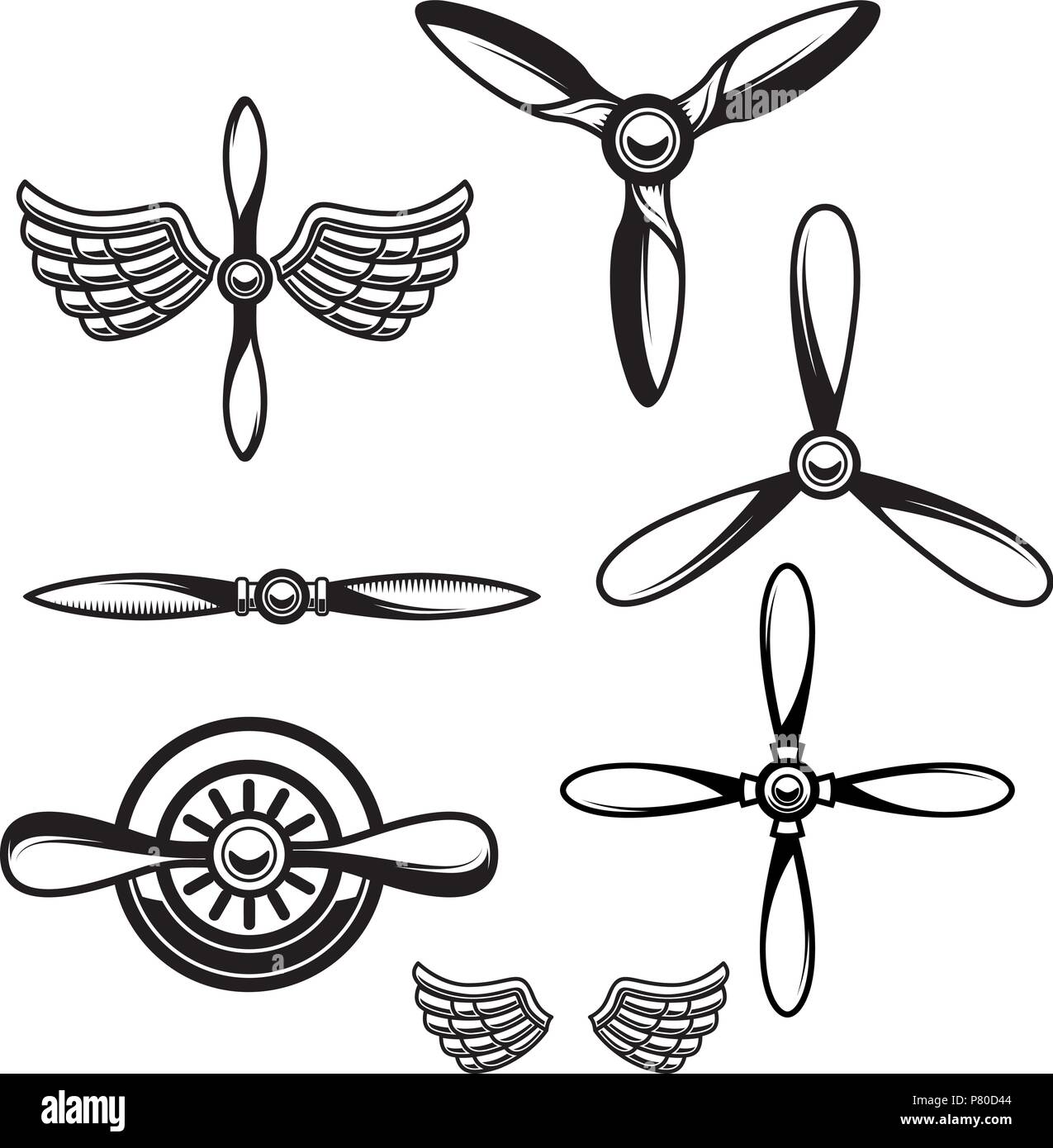 Set of airplane propellers. Design element for logo, emblem, sign