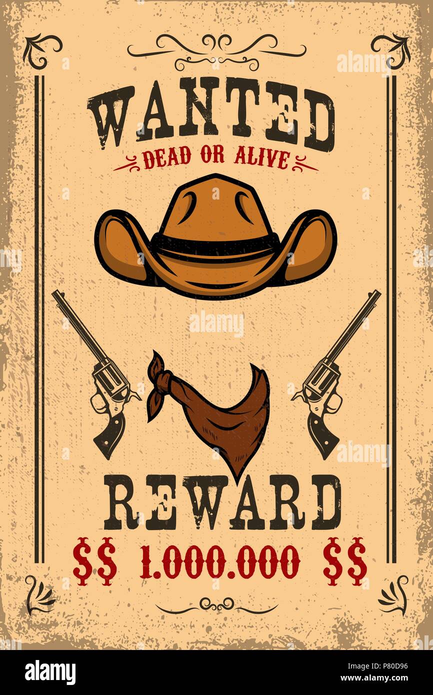 Vintage wanted poster template with old paper texture background. Wild west theme. Vector illustration Stock Vector