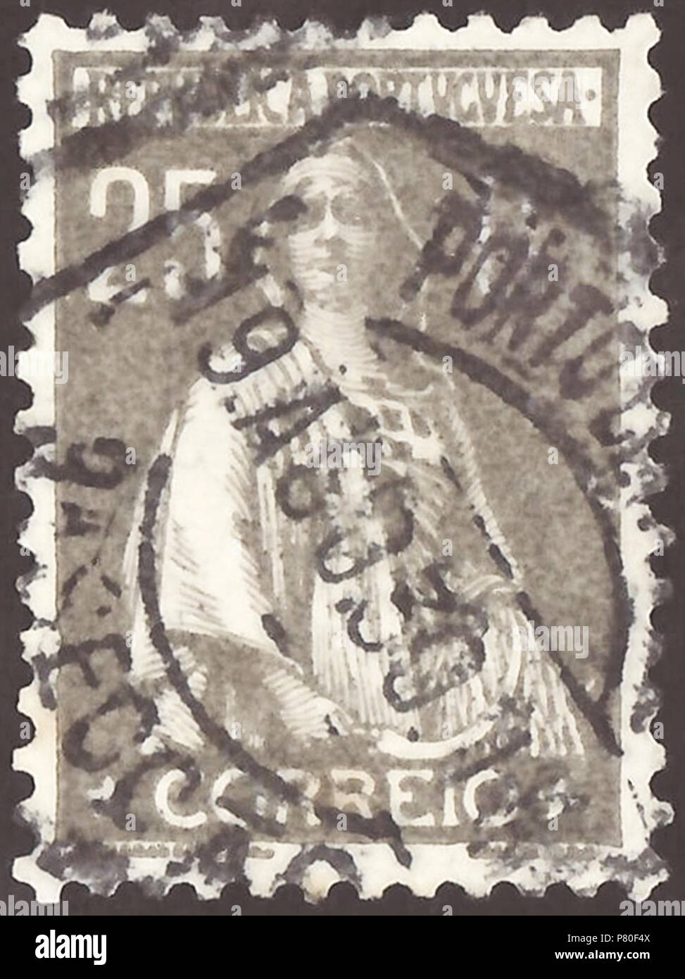 Stamp of Portugal; 1926; definitive stamp of the issue 'Ceres - 1st London issue'; new values and colors after the military coup in Portugal, 1926, printed in London (printery 'Thomas De La Rue & Company, Limited') according to the former design template; stamp postmarked in 1930 Stamp: Michel: No. 414; Yvert et Tellier: No. 422 Color: grey on normal paper Watermark: none Nominal value: 25 C. (Centavos) Postage validity: from 2 December 1926 until 30 September 1945 Stamp picture size (printed area without names line): 17.5 x 25.0 mm . 2 December 1926 (first issue day of the stamp) 19 August 19 Stock Photo