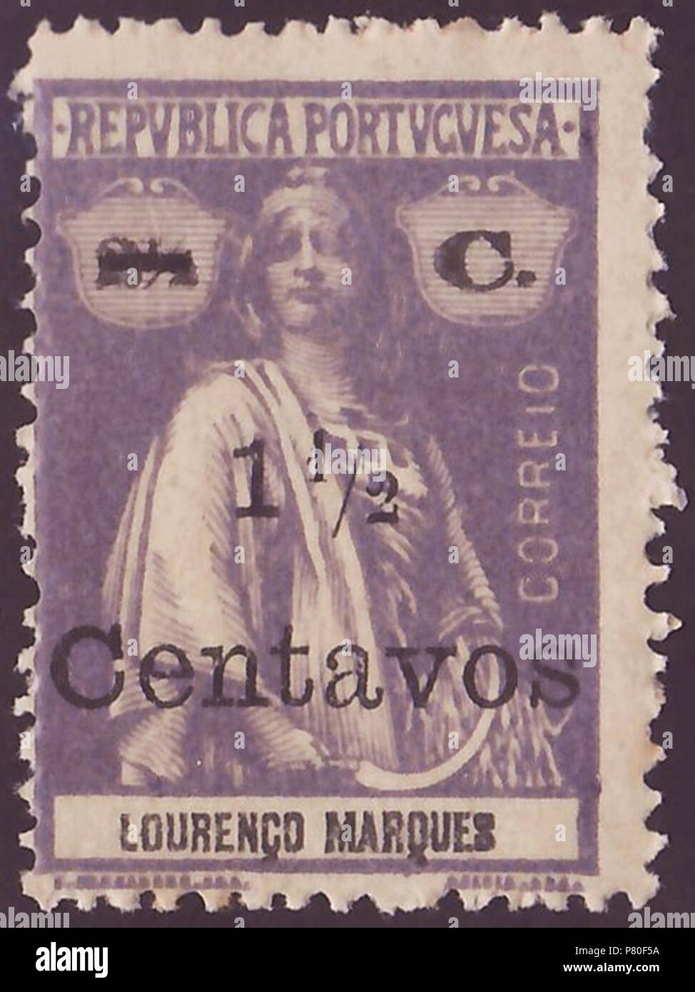 Stamp of Lourenço Marques (Portuguese Mozambique); 1921; definitive overprint stamp of the issue 'Ceres - colonial issues'; black, three-lines overprint of a new value on stamps of the issue form 1921 as so-called 'local overprint of 1921'; mint stamp Stamp: Michel, No. 175 (= No. 122 from 1914 with overprint); Yvert et Tellier: No. 174 (= No. 122 with overprint); Scott: No. 162 Color: greyish lilac / black on 'reaper-coated' paper with black overprint (Note: In the anglophone literature is sometime used the term 'reaper-coated' as description for the paper of these stamps without to amplify t Stock Photo