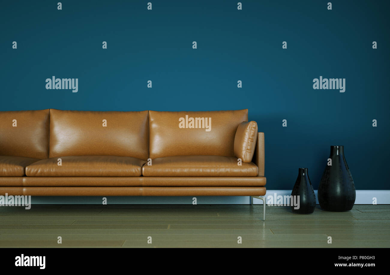 Interior design bright room with brown leather sofa Stock Photo Alamy