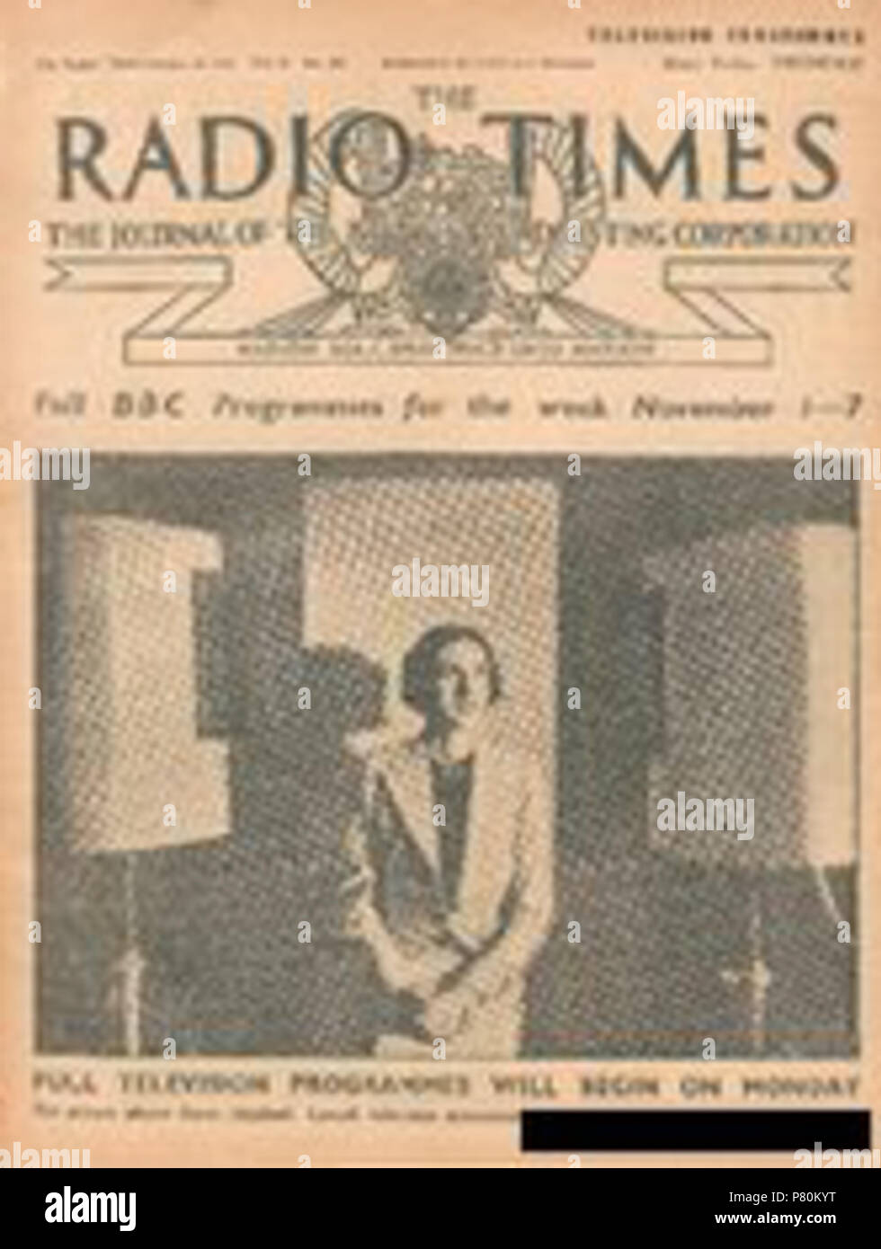 English: Cover of The Radio Times Magazine; the first issue with television  listings. The black square obscures a modern digital watermark. 1930s 324 Radio  Times - front cover - first TV Stock Photo - Alamy