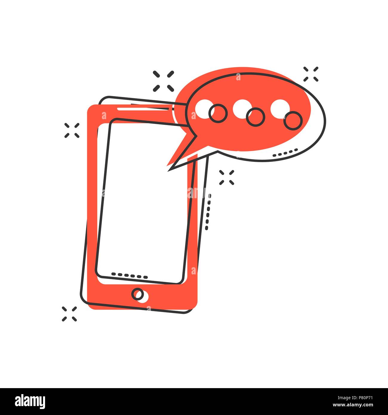 Cartoon smartphone with message icon in comic style. Mobile phone illustration pictogram. Smartphone splash concept. Stock Vector