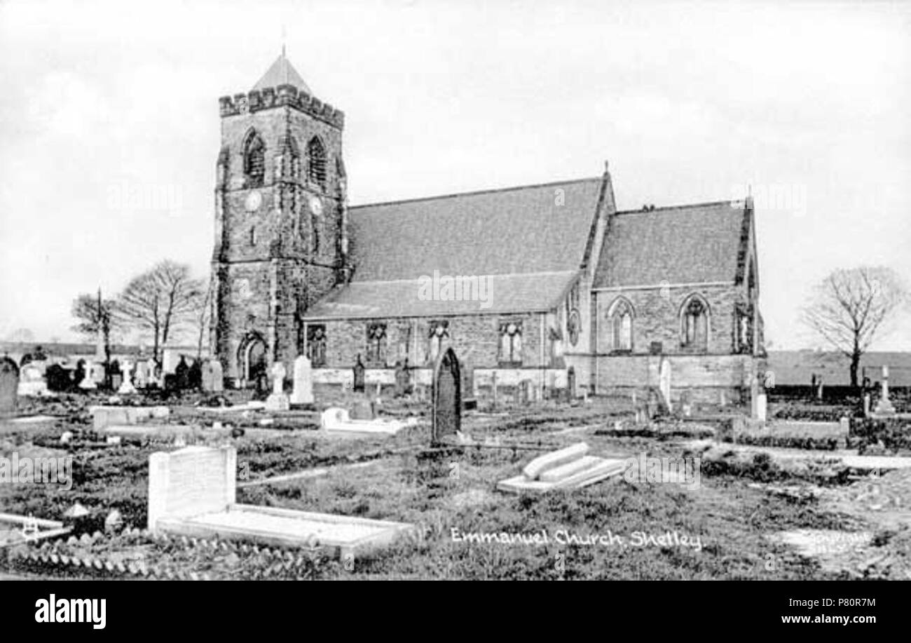 English: Emmanuel Church, Huddersfield Road, Shelley Built in 1868. Designed by Henry Mallinson and William Swinden Barber, 1865-1869. In addition to church services, it is used for community events such as art exhibitions. 1930 345 Shelley Church-1930 006 Stock Photo