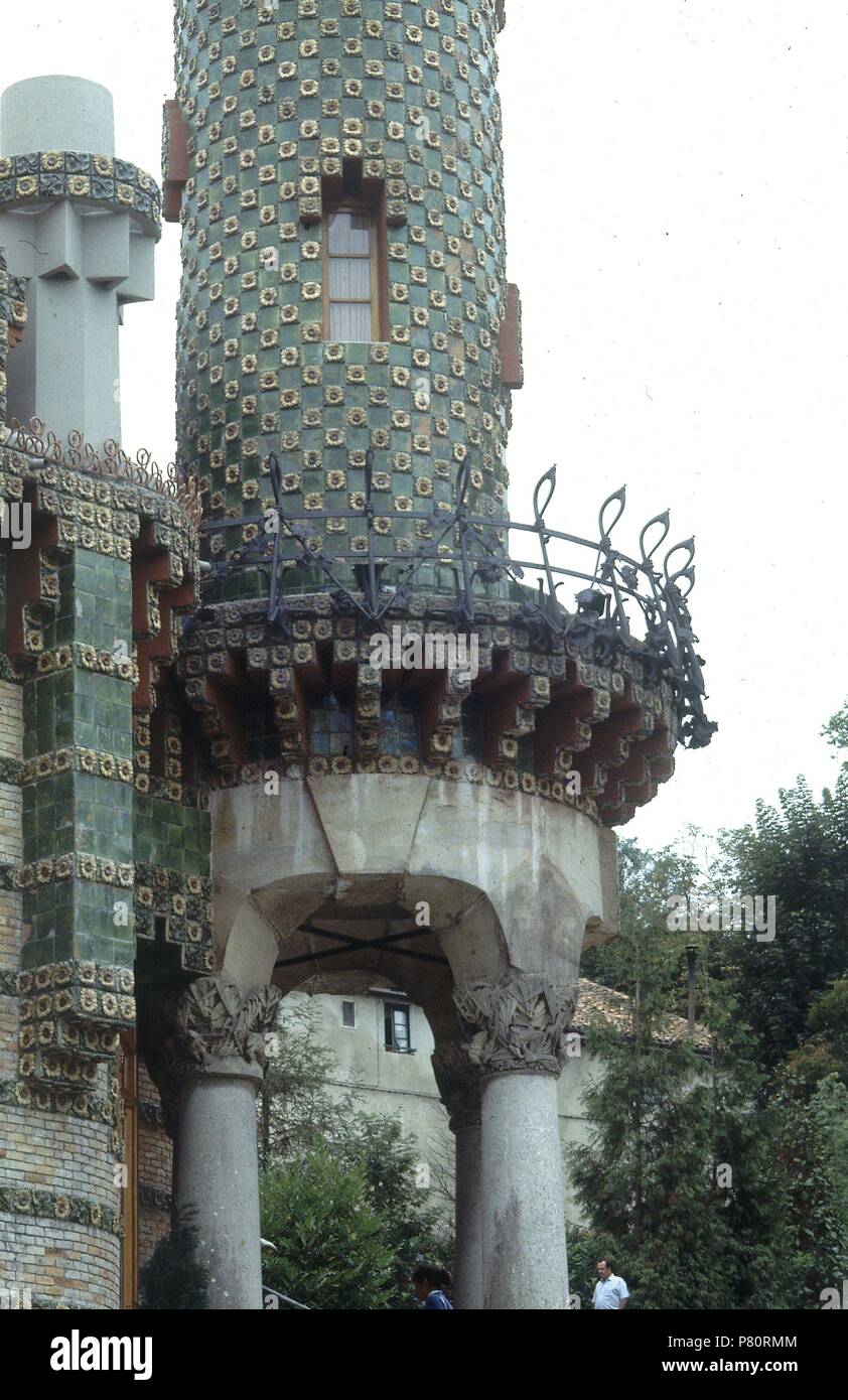 PALACIO-BALCON ALREDEDOR DE LA CHIMENEA. Author: Antoni Gaudí (1852-1926). Location: FINCA EL CAPRICHO, COMILLAS, CANTABRIA, SPAIN. Stock Photo