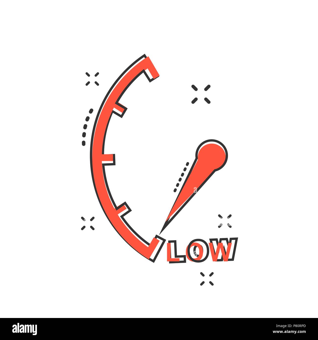 Cartoon low level icon in comic style. Speedometer, tachometer sign illustration pictogram. Low level splash business concept. Stock Vector