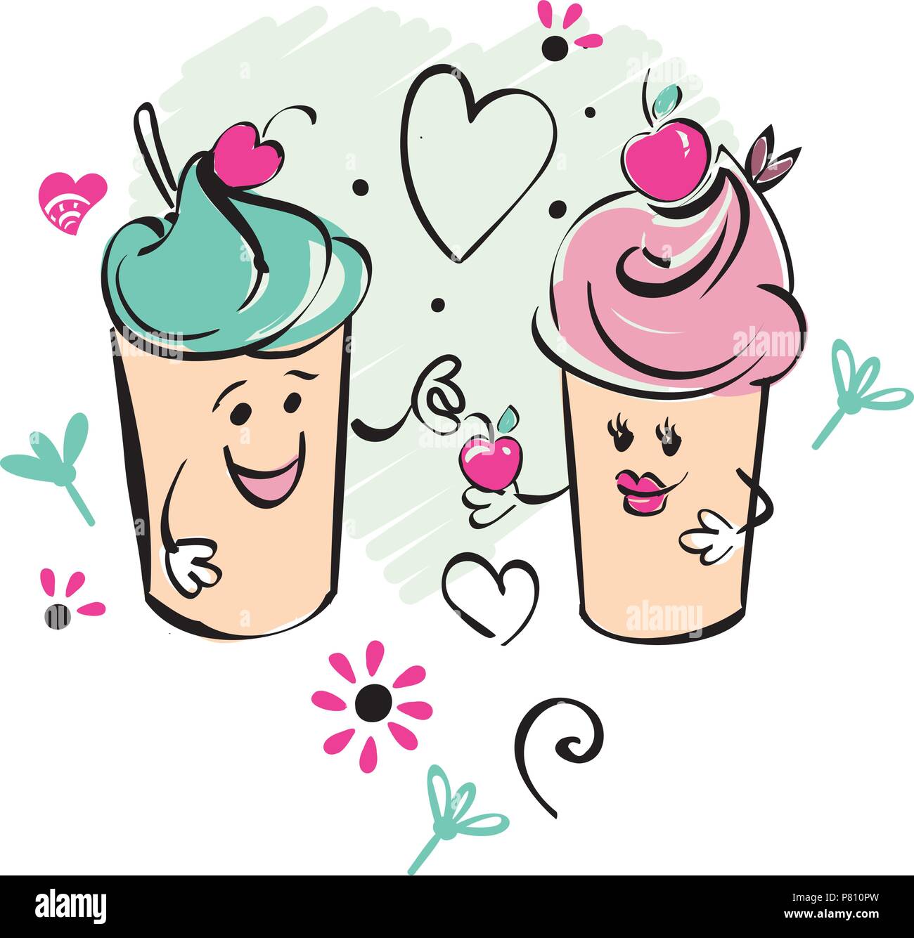 Girl and boy ice cream character and cherry, heart. The boy gives the cherry to the girl.. Black white pink hand drawing for kids, adult, caffee Stock Vector