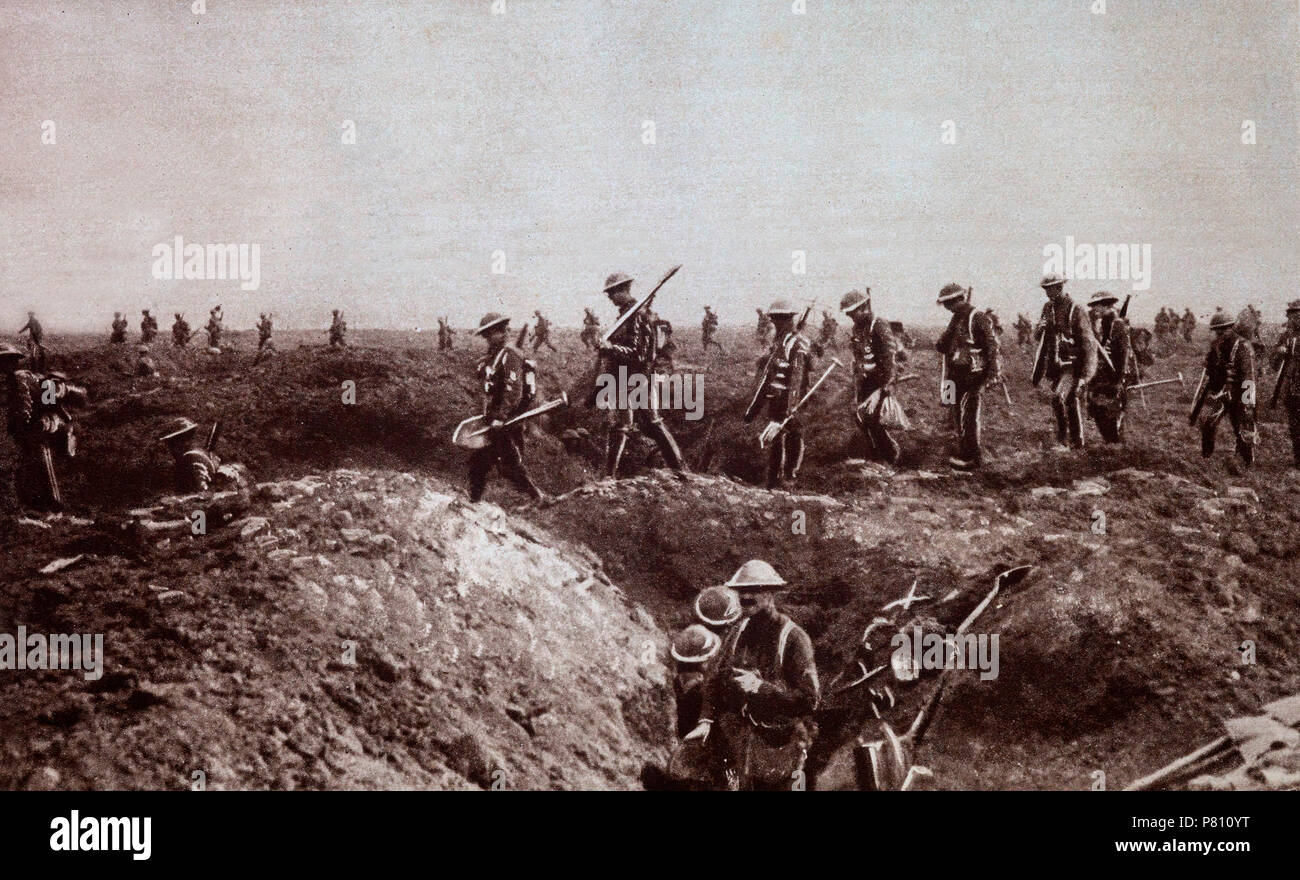 The Battle of Albert was the first two weeks of Anglo-French offensive operations in the Battle of the Somme. The Allied preparatory artillery bombardment began on 24 June and the Anglo-French infantry attacked on 1 July, on the south bank from Foucaucourt to the Somme and from the Somme north to Gommecourt. The French Sixth Army and the right wing of the British Fourth Army inflicted a considerable defeat on the German Second Army.  Note the spades had to be carried as fresh trenches were required. Stock Photo