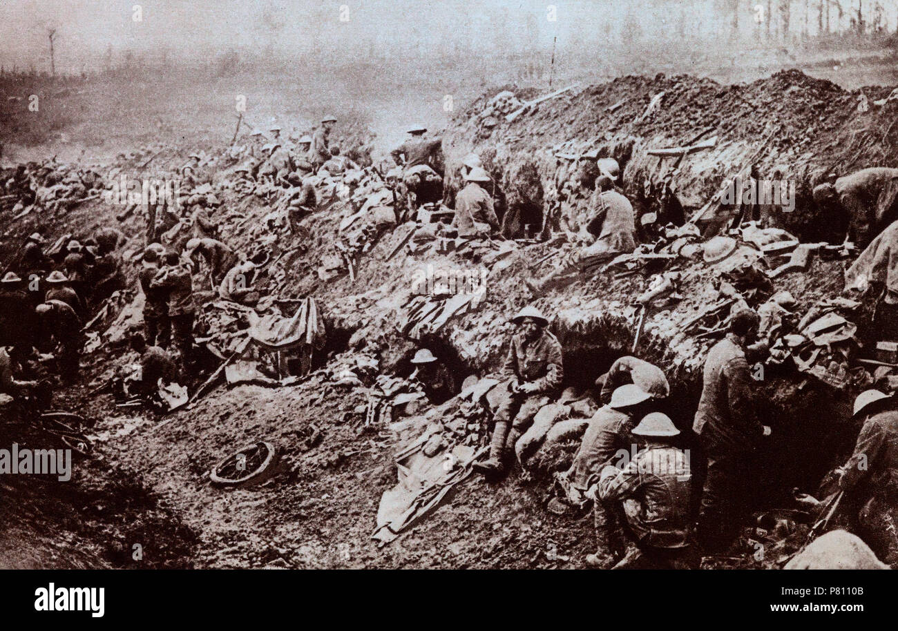 During the Battle of the Somme,  between 1 July and 18 November, 1916,  troops that had aprticipated in attacks were withdrawn from the front line and kept in reserve. They usually rested in abandoned trenches, and formed working parties carrying supplies to the front line or digging defensive works. Stock Photo