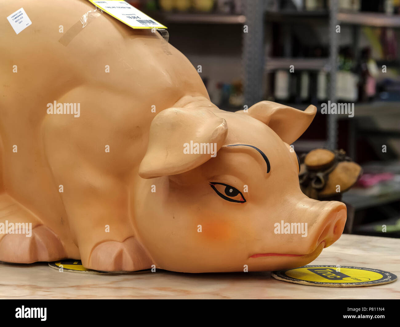 plastic pig, Troc second hand shop: 83, Rue Hollerich , Luxembourg, Luxembourg City, Europe Stock Photo