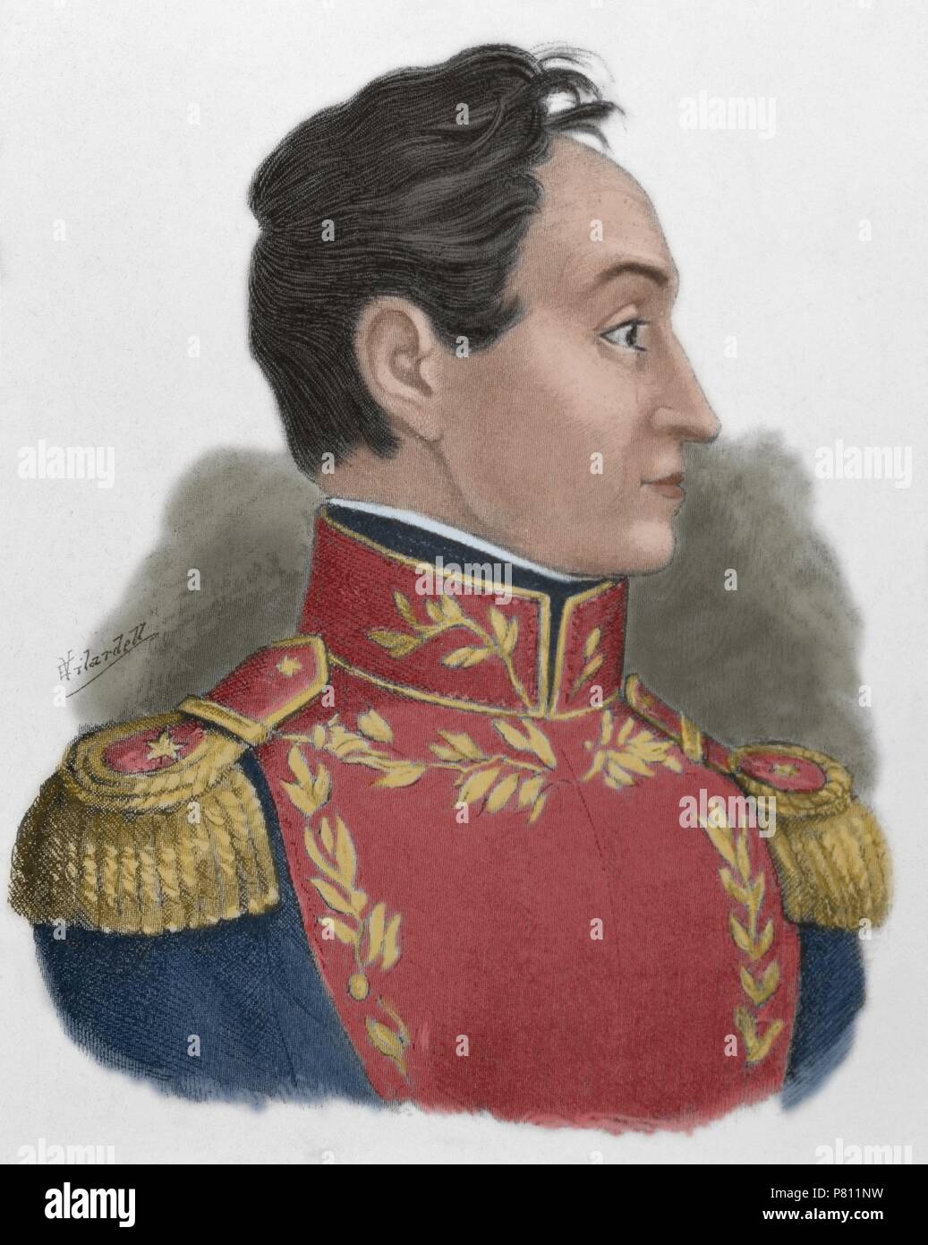 Simon Bolivar (1793-1830). Military and Venezuelan statesman called "The Liberator". Portrait.  Engraving in "Americanos Celebres", 1888. by E. Vilardell. Colored. Stock Photo