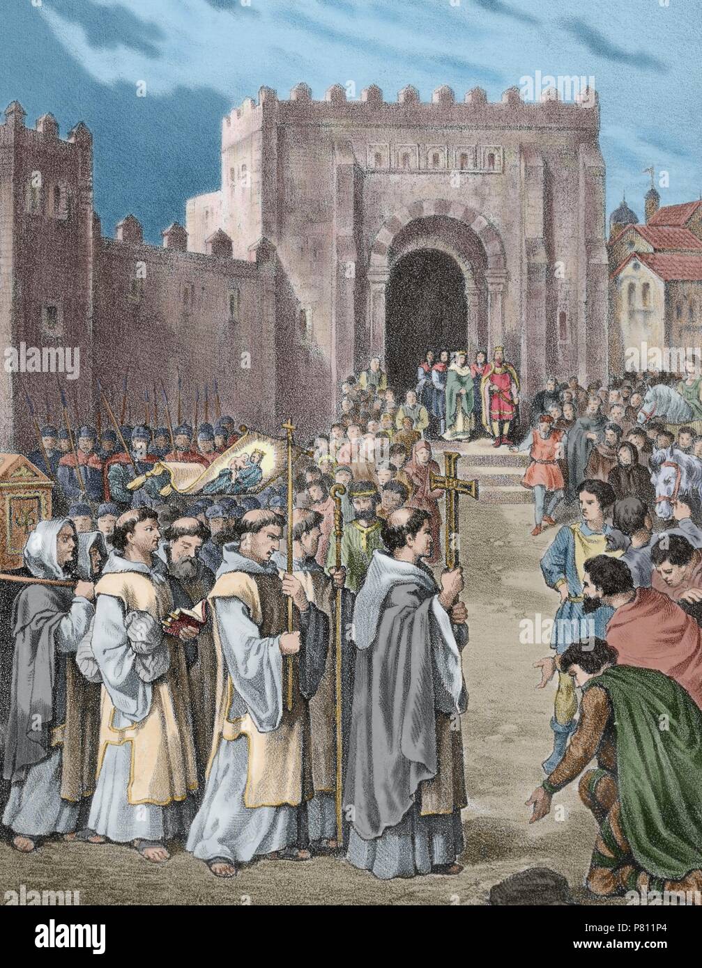 Spain. The king Ferdinand I of Leon, called the Great, (1015-1065), receives the mortal remains of St. Isidore of Seville (c. 556-636), bishop, confessor and Doctor of the Church. Colored engraving. 19th century. Stock Photo