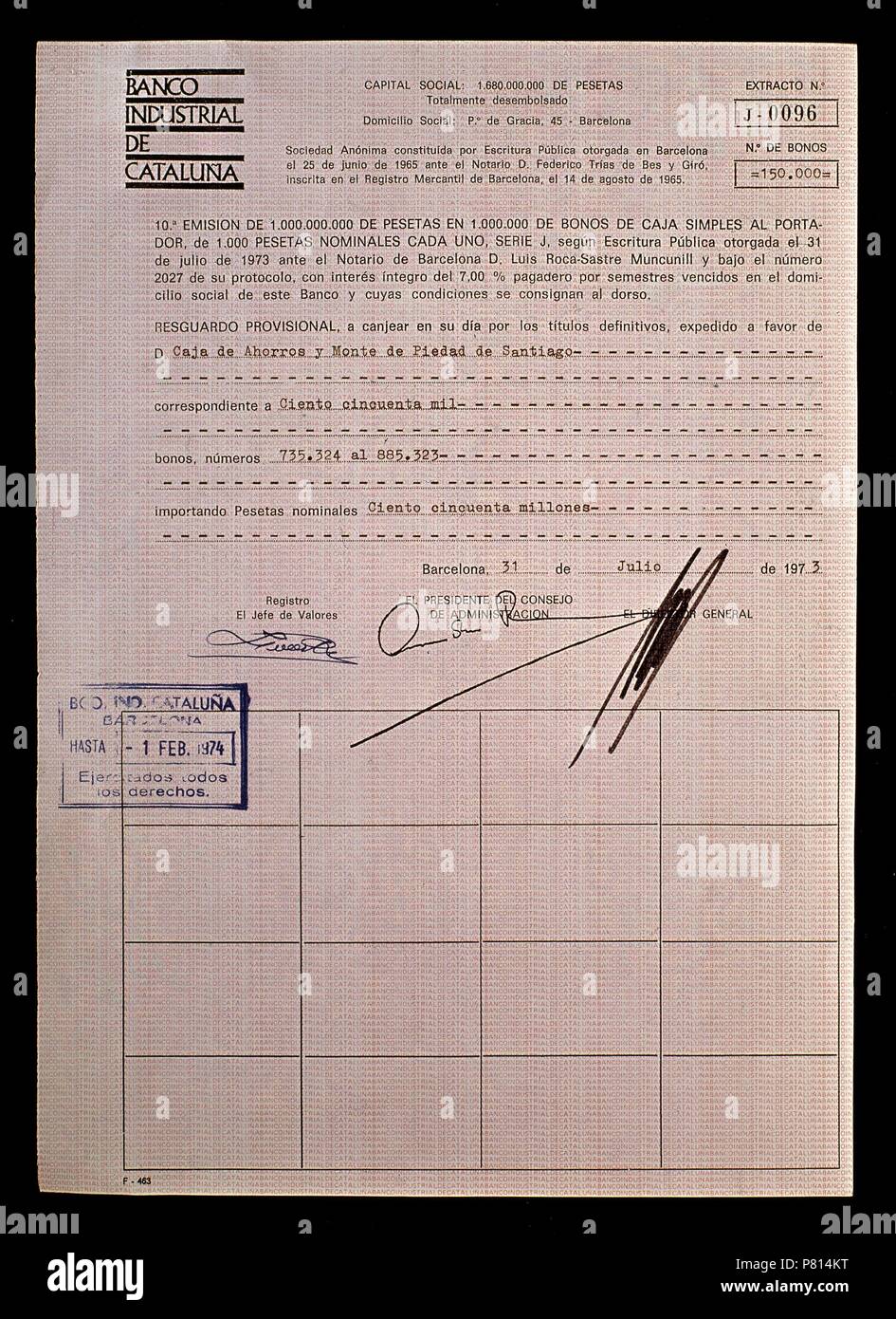 BONO CAJA BANCO INDUSTRIAL CATALUNA 31/JUL/1963. Location: CONFEDERACION DE  CAJAS AHORROS, MADRID, SPAIN Stock Photo - Alamy