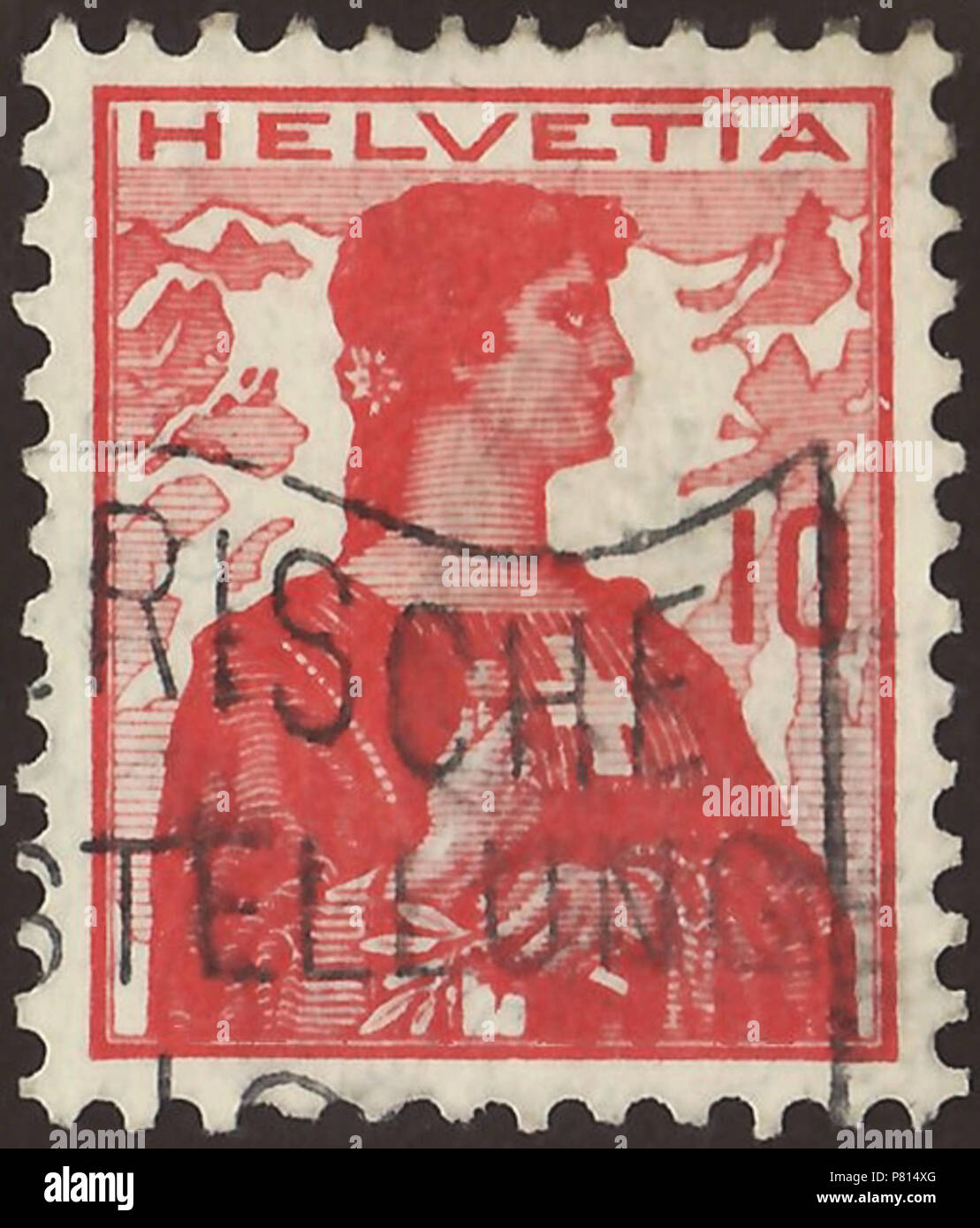Stamp of Switzerland; 1909; definitive stamps of the issue 'Helvetia with bough before mountain landscape'; portrait of the 'Helvetia' with view to right and a bough in the left hand before snow-covered mountain landscape; value number central-right without frame; stamp postmarked with advertising machine cancellation Stamp: Michel: No. 114; Yvert et Tellier: No. 131; AFA: No 128 Color: deep rosy red to dark red on normal paper Watermark: Switzerland No. 2 (multiple Swiss crosses without oval) Nominal value: 10 (Rappen, Centimes) Postage validity: from 1909 until 31 December 1932 Stamp picture Stock Photo