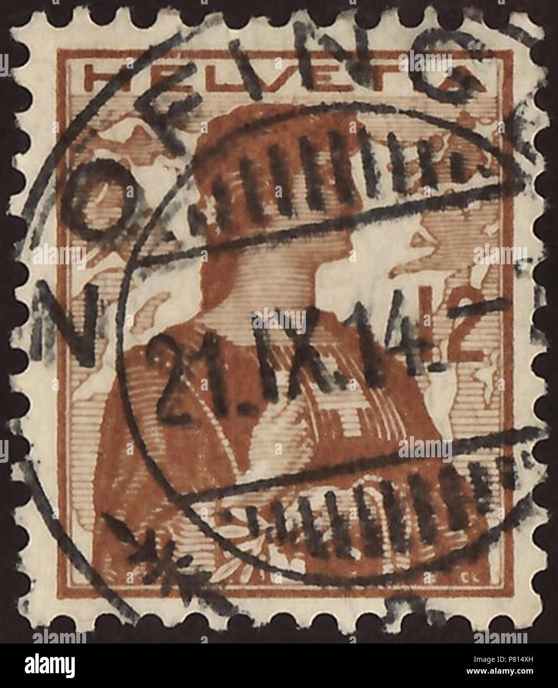 Stamp of Switzerland; 1909; definitive stamps of the issue 'Helvetia with bough before mountain landscape'; portrait of the 'Helvetia' with view to right and a bough in the left hand before snow-covered mountain landscape; value number central-right without frame; stamp postmarked in Zofingen, 1914 Stamp: Michel: No. 115; Yvert et Tellier: No. 132; AFA: No. 129 Color: orange brown to dark orange brown on normal paper Watermark: Switzerland No. 2 (multiple Swiss crosses without oval) Nominal value: 12 (Rappen, Centimes) Postage validity: from 1909 until 31 December 1932 Stamp picture size (prin Stock Photo