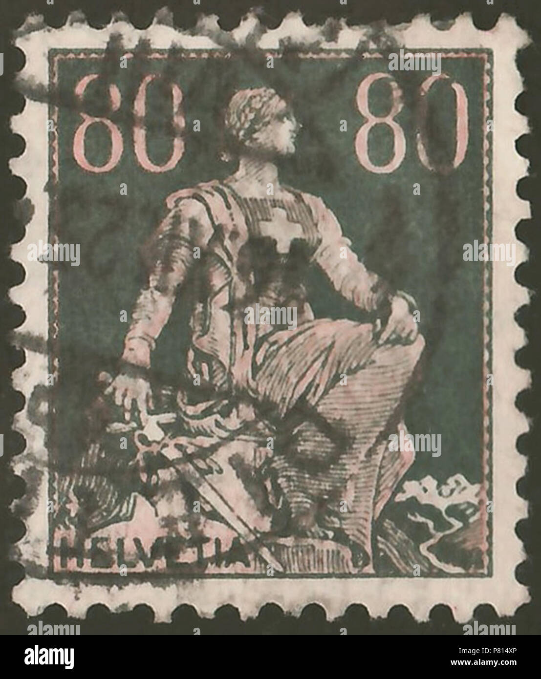Stamp of Switzerland; 1918; definitive stamp of the issue 'Sitting Helvetia  on mountaintop'; drawing of the sitting Helvetia with a sword in the right  hand on a mountain top of the Bernese