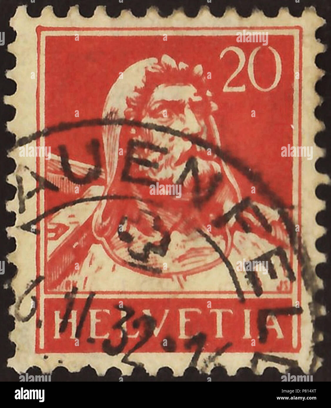 Stamp of Switzerland; 1921; definitive stamp of the issue 'Wilhelm Tell - new values'; drawing with the portrait of Wilhelm Tell after a statue of the artist Richard Kissling in Altdorf (Switzerland); stamp postmarked in Frauenfeld, 1932 Stamp: Michel: No. 165x: Yvert et Tellier: No. 162; AFA: No. 159 Color: cinnabar to red (red violet) on pale greyish chrome yellow paper Watermark: Switzerland No. 2 (multiple Swiss crosses) Nominal value: 20 (Rappen, Centimes) Postage validity: from 1921 until 31 December 1942 Stamp picture size (printed area): 17.0 x 21.0 mm Postmark: Frauenfeld (Kanton Thur Stock Photo
