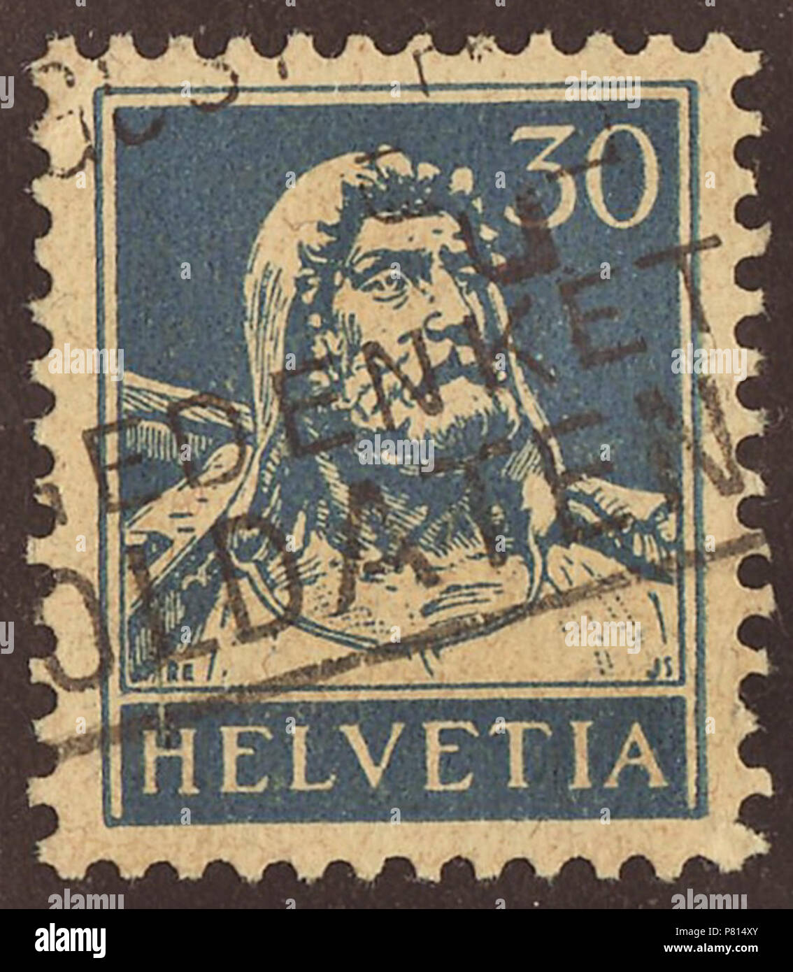 Stamp of Switzerland; 1932; definitive stamp of the issue 'Wilhelm Tell - new values'; drawing with the portrait of Wilhelm Tell after a statue of the artist Richard Kissling in Altdorf (Switzerland); stamp postmarked Stamp: Michel: No. 169z Color: blue on light chrome yellow granite paper (fibrilled with silver fibres) Watermark: Switzerland No. 2 (multiple Swiss crosses) Nominal value: 30 (Rappen, Centimes) Postage validity: from 1932 until 31 December 1942 Stamp picture size (printed area): 17.0 x 21.5 mm . 1932 (first issue of the stamp) 358 SUI 1932 MiNr0169z pm B002 Stock Photo