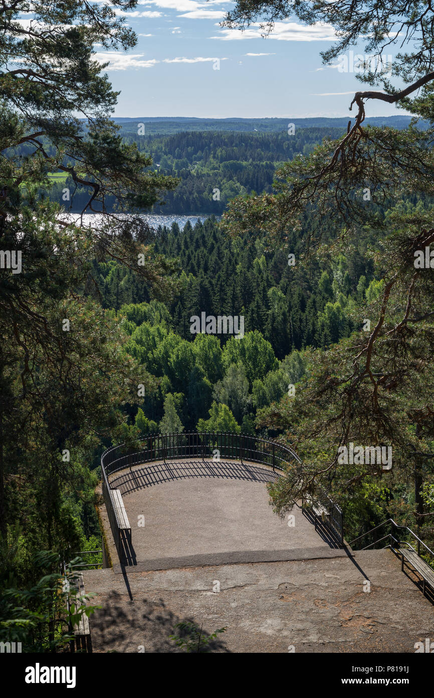 Scenic view of an observation point and forest at the Aulanko nature reserve in Hämeenlinna, Finland, on a sunny day in the summer. Stock Photo