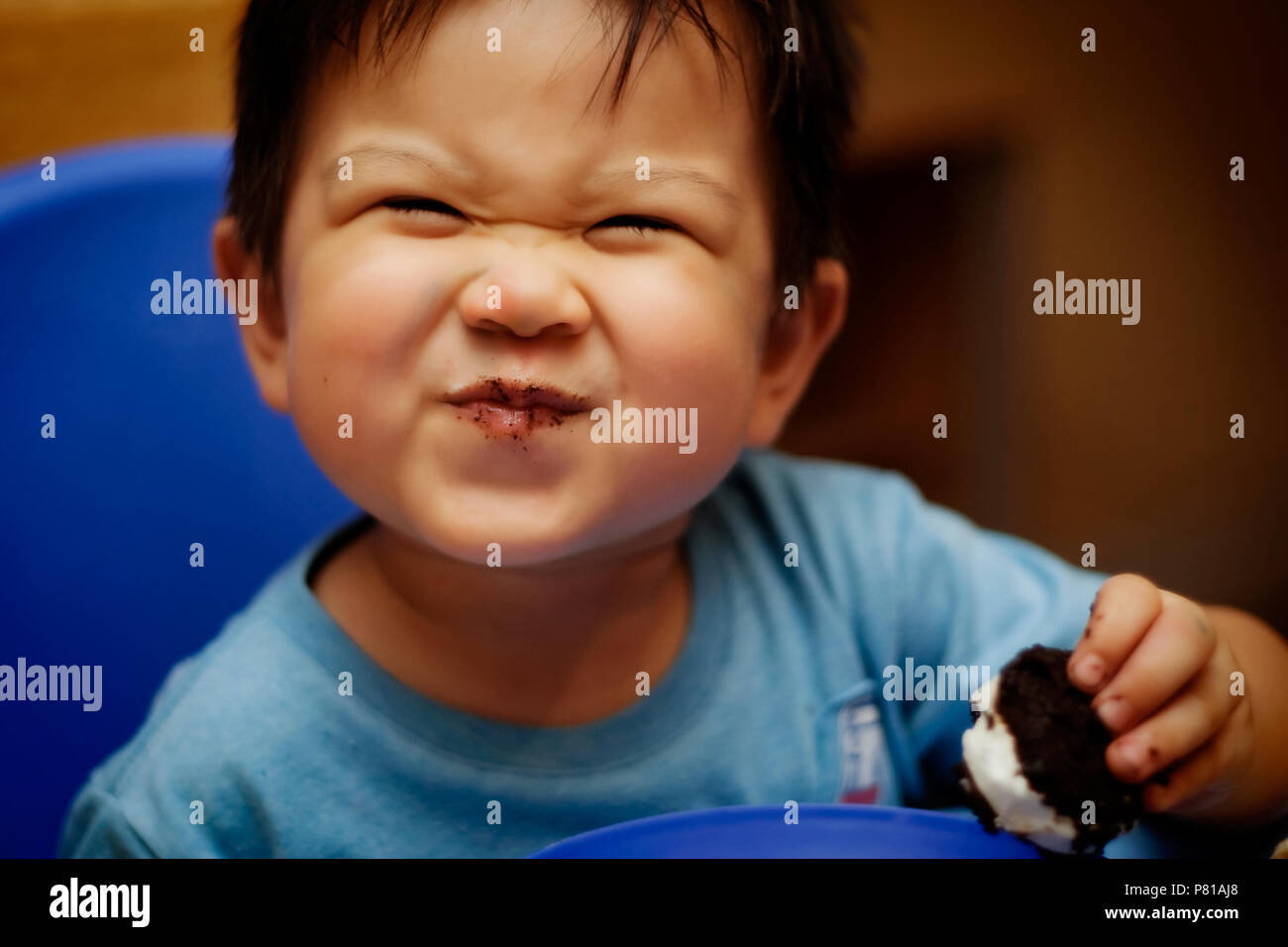 Close up of toddler or preschool aged boy with a goofy or extremely delighted expression and with crumbs on his lips as he eats an ice cream sandwich Stock Photo