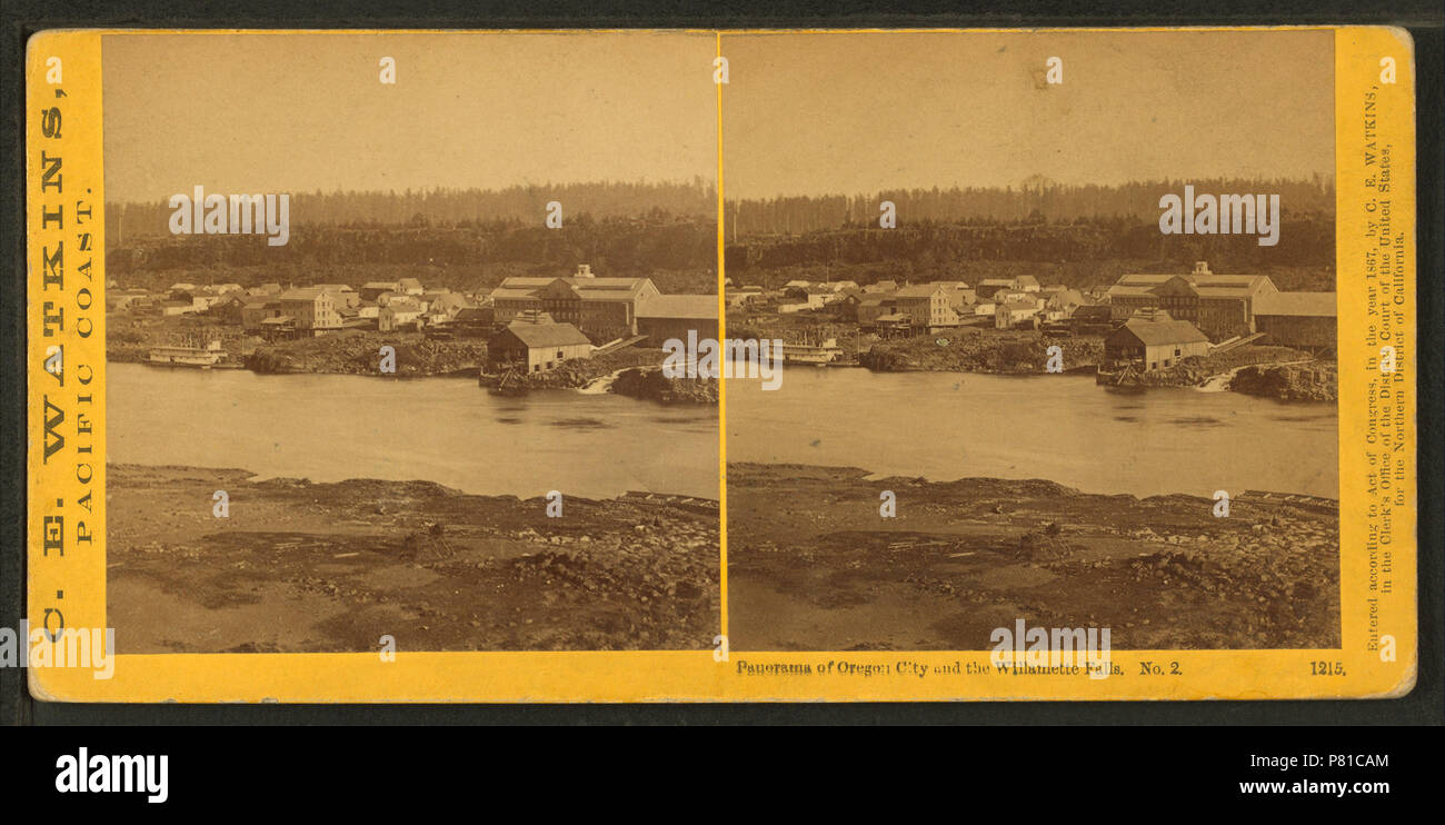 414 Panorama of Oregon City and Willamette Falls, by Watkins, Carleton E., 1829-1916 Stock Photo