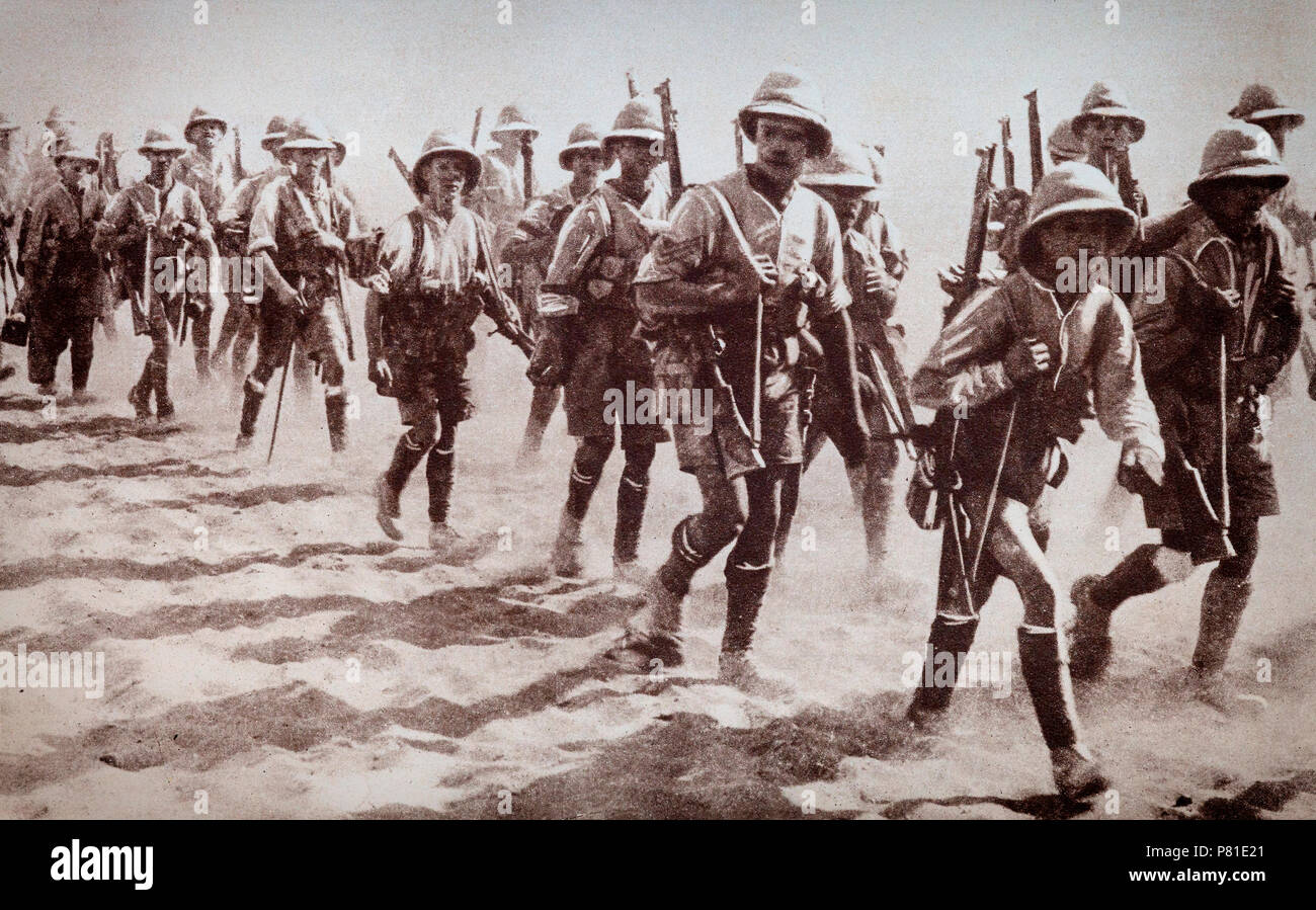 During the Mesopotamian campaign in the Middle Eastern theatre of World War I, Allied troops had to walk hundreds of miles across deserts in heat that could cause sunstroke if care wasn't taken. The battles were  fought between the Allies represented by the British Empire, mostly troops from Britain, Australia and the British Indian, and the Central Powers, mostly of the Ottoman Empire. Stock Photo