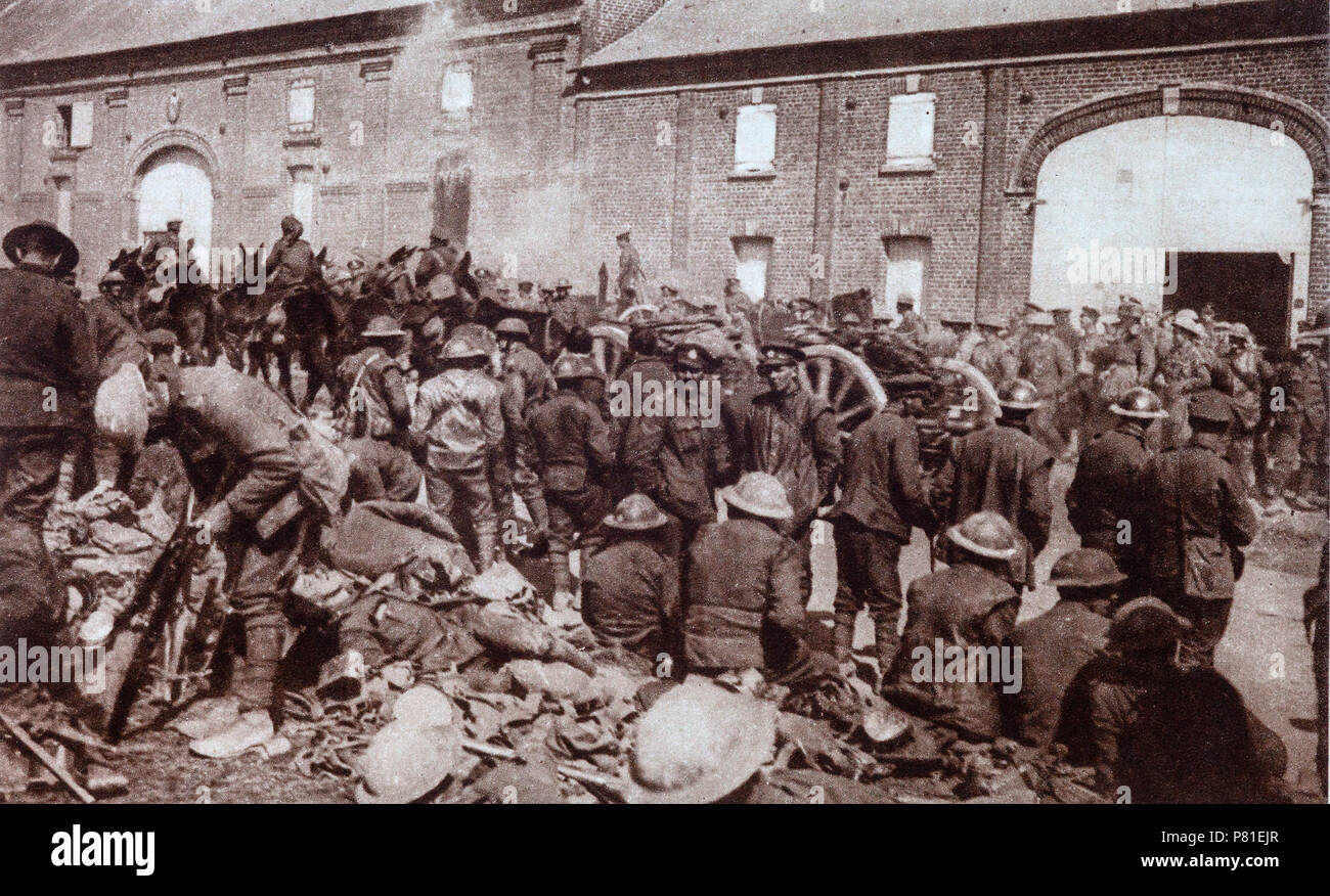 Allied troops after being pushed back to the River Marne. The 1918 Spring Offensive, or Kaiserschlacht (Kaiser's Battle), also known as the Ludendorff Offensive, was a series of German attacks along the Western Front during the First World War, beginning on 21 March 1918, which marked the deepest advances by either side since 1914. The Germans had realised that their only remaining chance of victory was to defeat the Allies before the overwhelming human and matériel resources of the United States could be fully deployed. Stock Photo