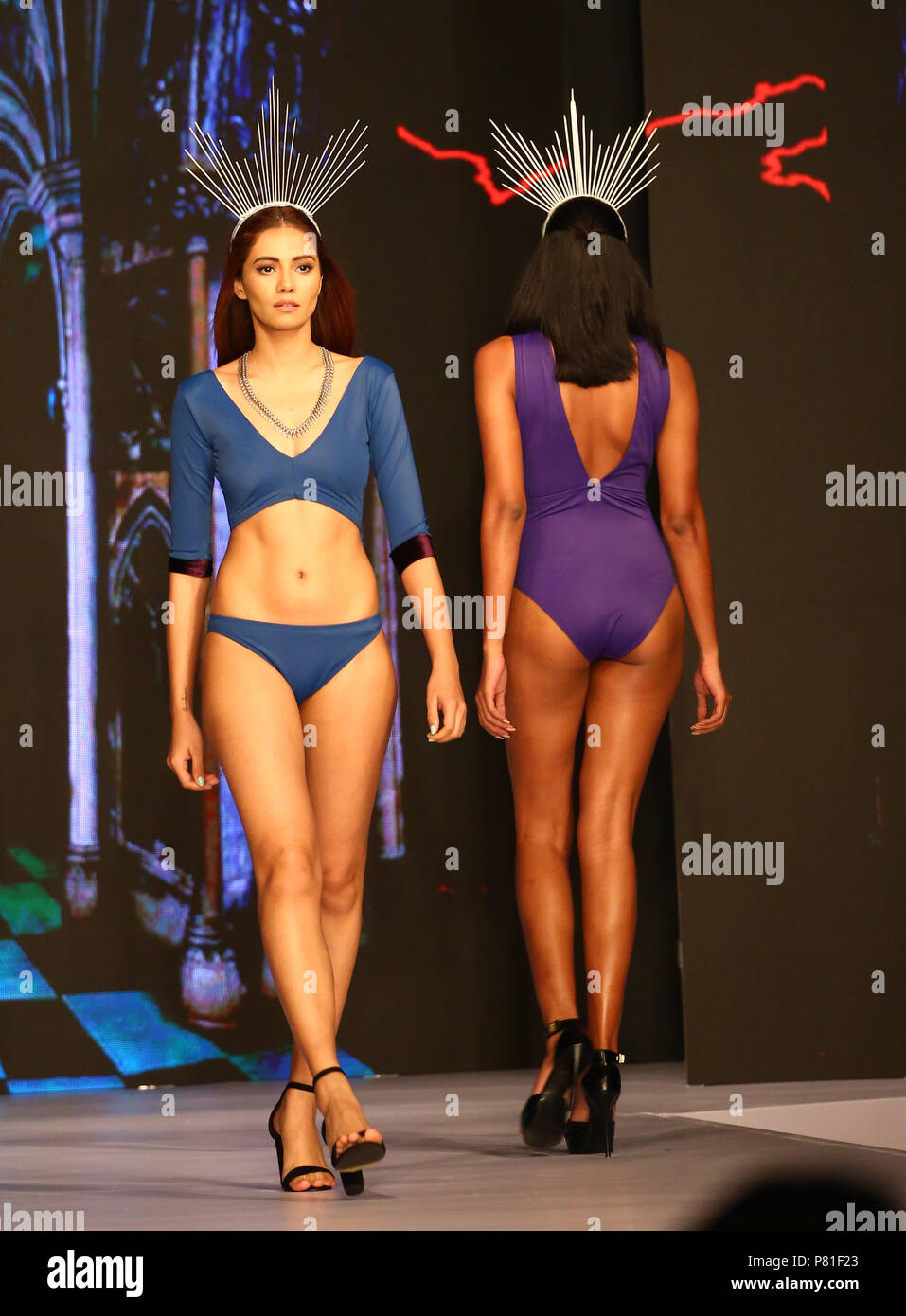 Sri Lanka. 07th July, 2018. Models presents a creation by Meraki during the  'Swim Week Colombo' fashion Show in Colombo, Sri Lanka on July 7, 2018. -  Swim week Colombo fashion show