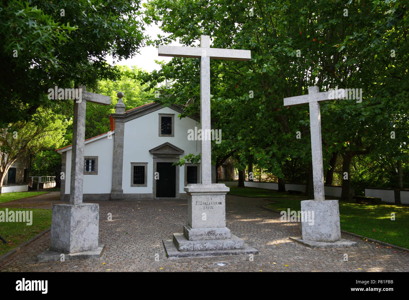Chapel and 3 crosses at end of Stations of the Cross, Monte do Calvario, Vila Praia de Ancora, Minho Province, northern Portugal Stock Photo