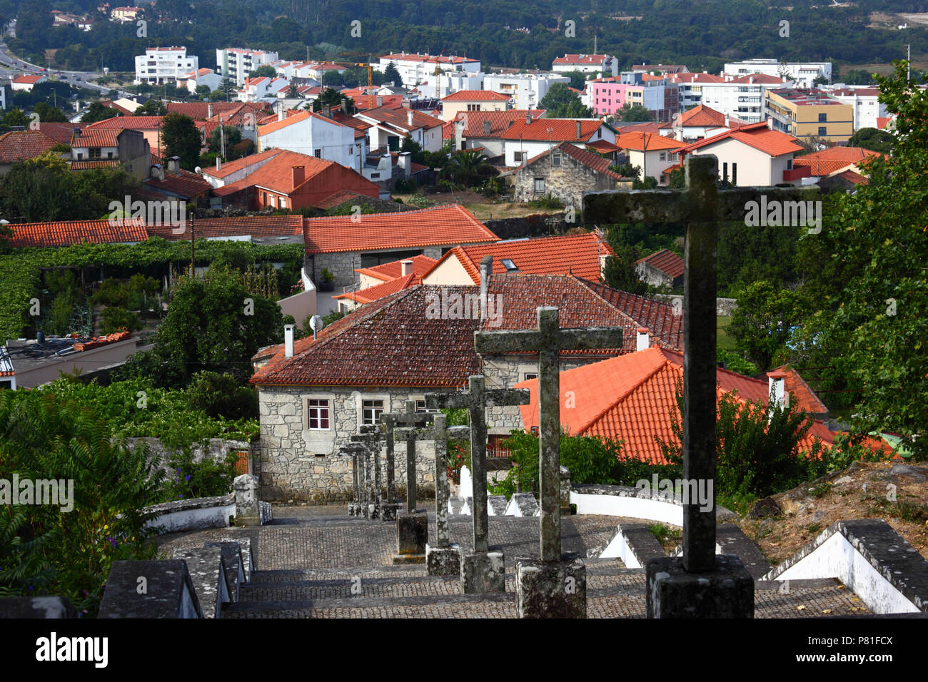 Calvario / Stations of the Cross and view over village of Vila Praia de Ancora, Minho Province, northern Portugal Stock Photo