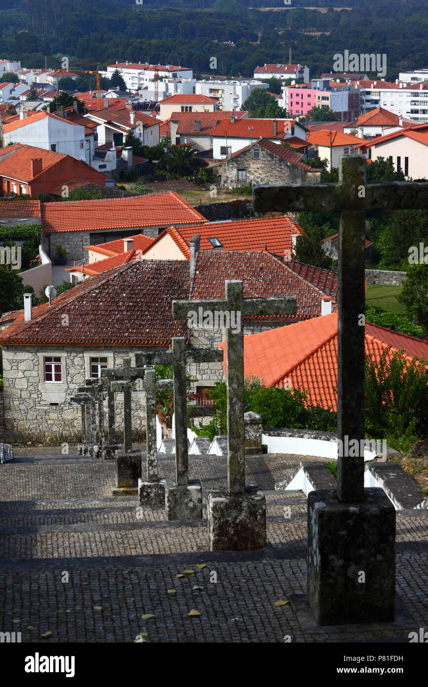 Calvario / Stations of the Cross and view over village of Vila Praia de Ancora, Minho Province, northern Portugal Stock Photo