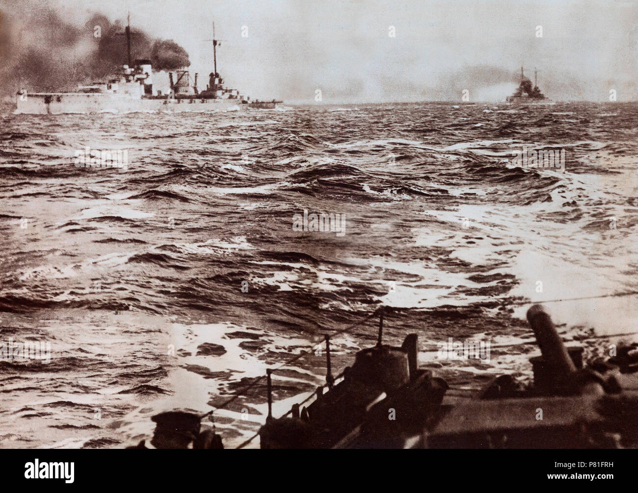 The main portion of the German Naval fleet surrendered and were taken to SCapa Flow in the Scottish Orkneys.  The High Seas Fleet was interned there under the terms of the Armistice whilst negotiations took place over the fate of the ships. Fearing that all of the ships would be seized and divided amongst the allied powers, the German commander, Admiral Ludwig von Reuter, decided to scuttle the fleet on 21 June 1919. Intervening British guard ships were able to beach a number of the ships, but 52 of the 74 interned vessels sank. Stock Photo