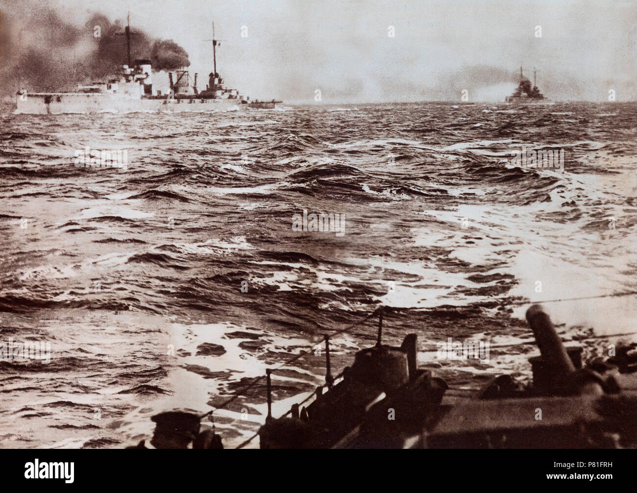 The main portion of the German Naval fleet surrendered and were taken to SCapa Flow in the Scottish Orkneys. The High Seas Fleet was interned there under the terms of the Armistice whilst negotiations took place over the fate of the ships. Fearing that all of the ships would be seized and divided amongst the allied powers, the German commander, Admiral Ludwig von Reuter, decided to scuttle the fleet on 21 June 1919. Intervening British guard ships were able to beach a number of the ships, but 52 of the 74 interned vessels sank. Stock Photo