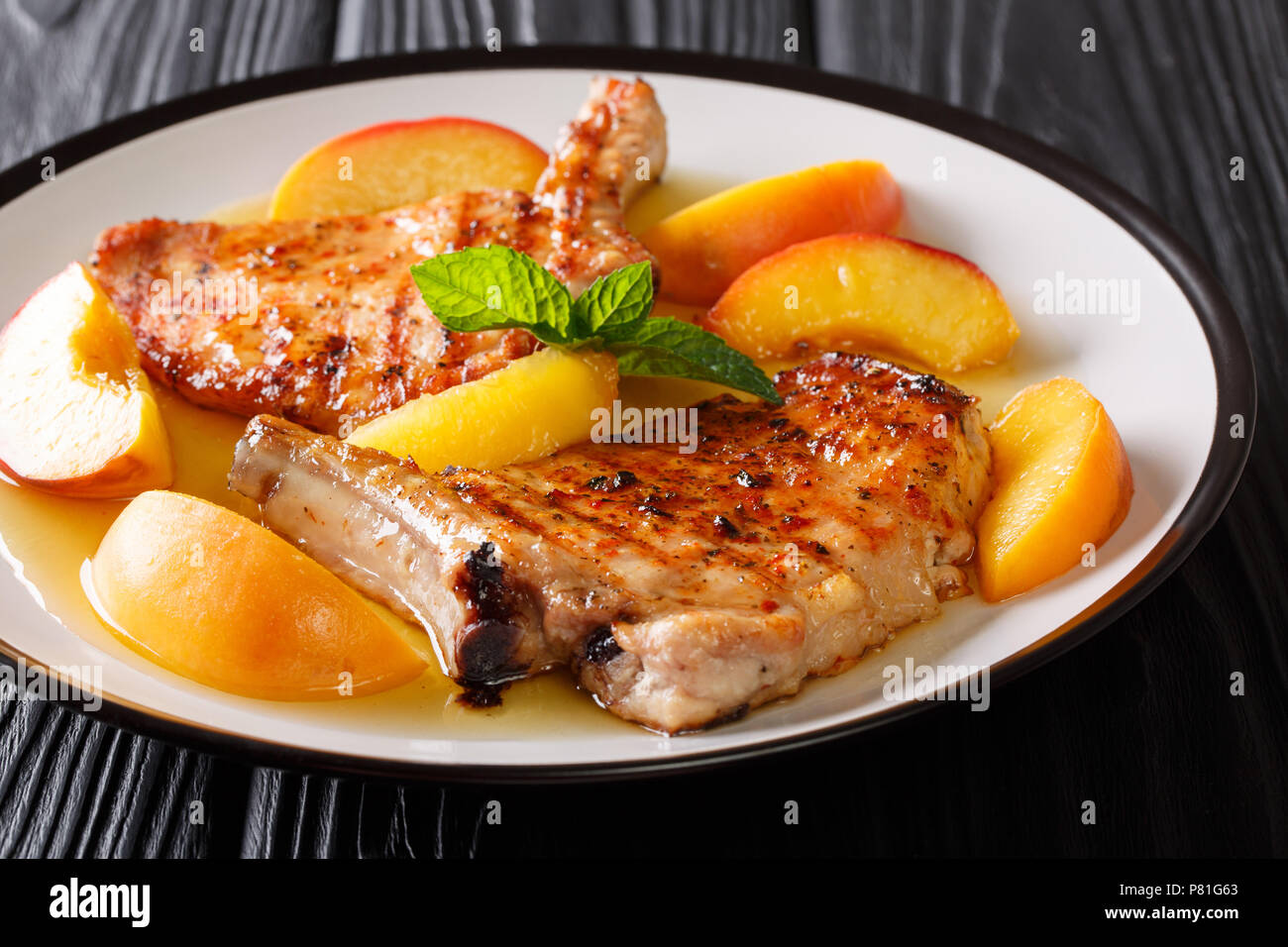 grilled spicy pork fillet with peaches, honey garlic sauce and mint ...