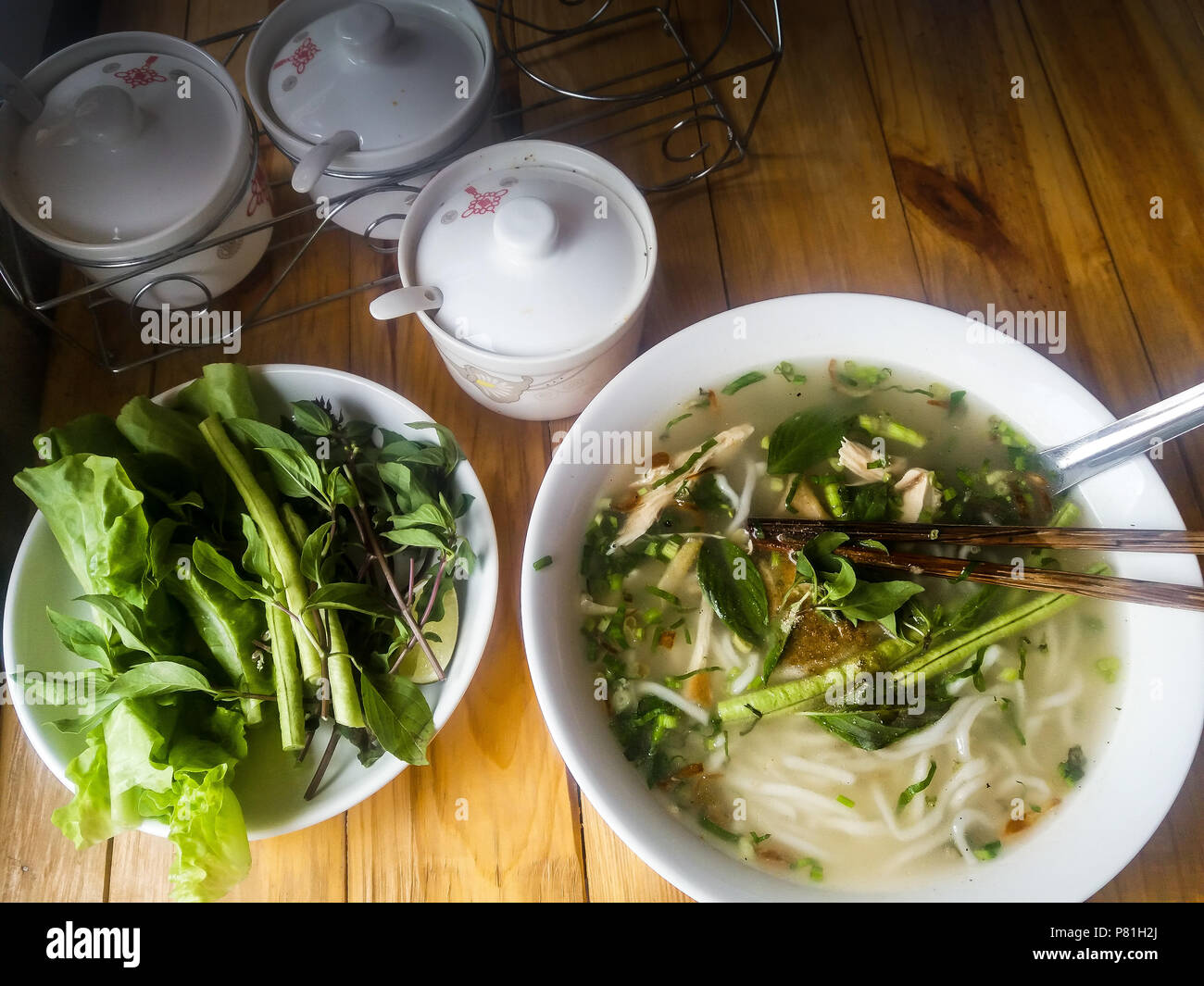 Kow piak seen or the traditional Lao egg noodle soup Stock Photo
