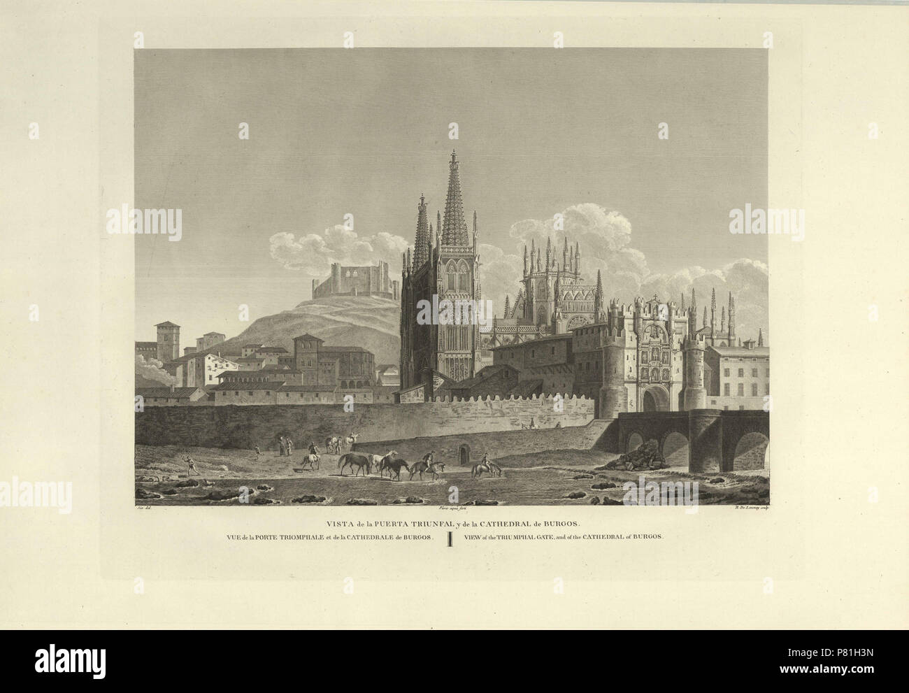 Español: Vista de la puerta triunfal y de la catedral de Burgos. 1820 3 1806-1820, Voyage pittoresque et historique de l'Espagne, tomo II, Vista de la puerta triunfal y de la catedral de Burgos Stock Photo