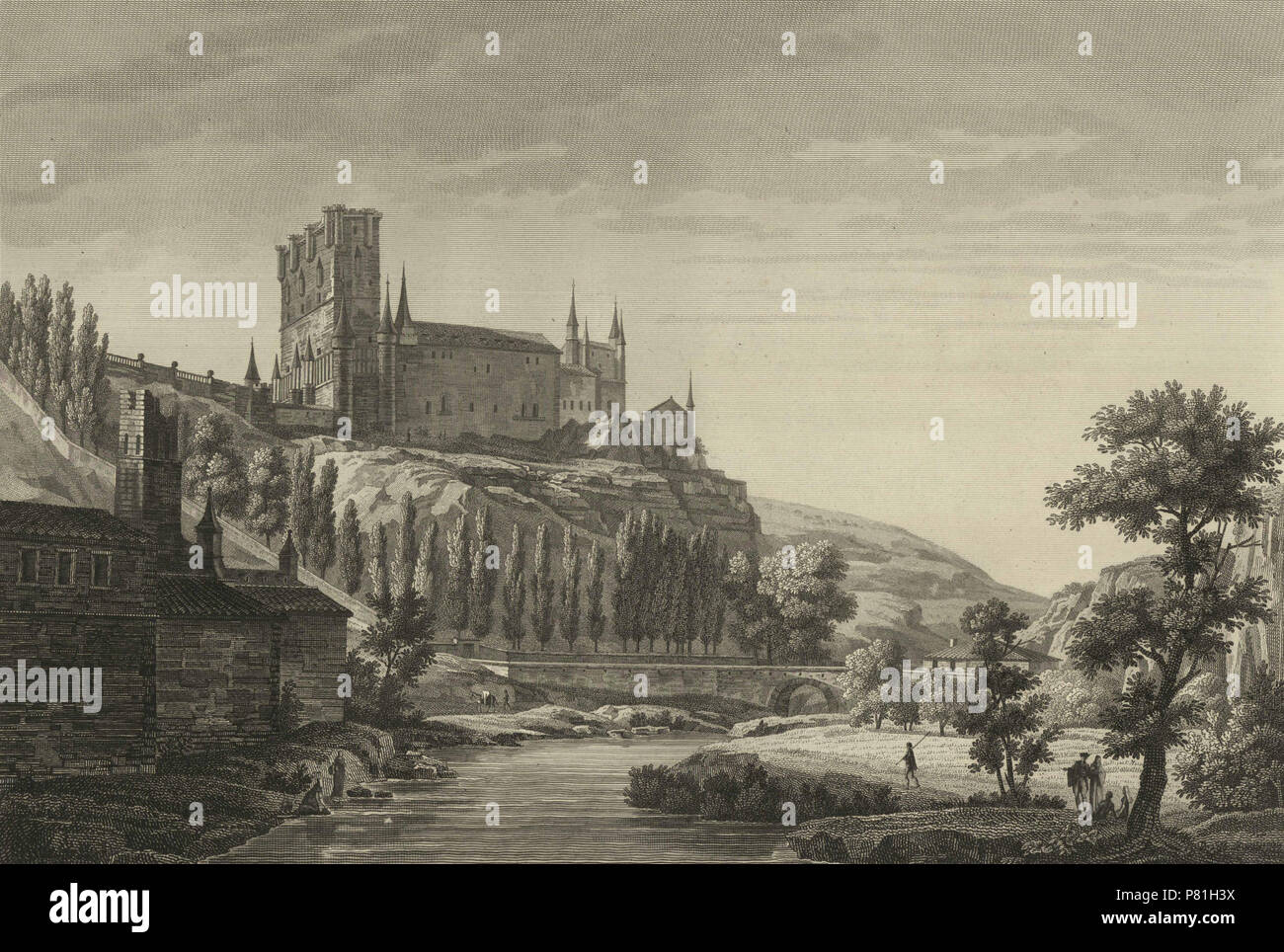 3 1806-1820, Voyage pittoresque et historique de l'Espagne, tomo II, Vista del alcázar de Segovia (cropped) Stock Photo