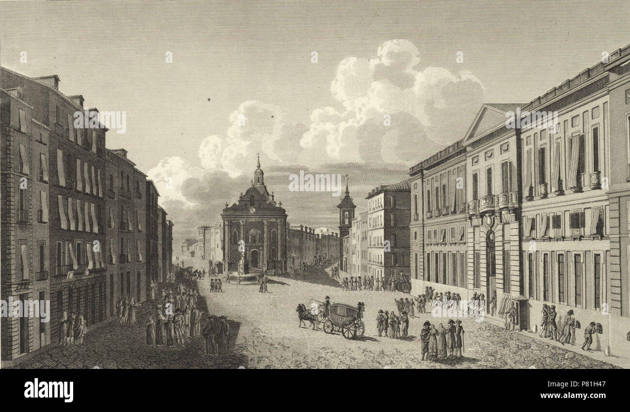 Español: Vista de la Puerta del Sol y de la Casa de Correos. 1820 3 1806-1820, Voyage pittoresque et historique de l'Espagne, tomo II, Vista de la Puerta del Sol y de la Casa de Correos (cropped) Stock Photo