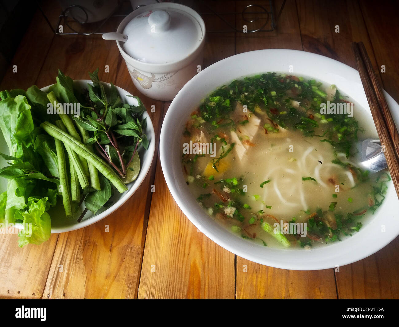 Kow piak seen or the traditional Lao egg noodle soup Stock Photo