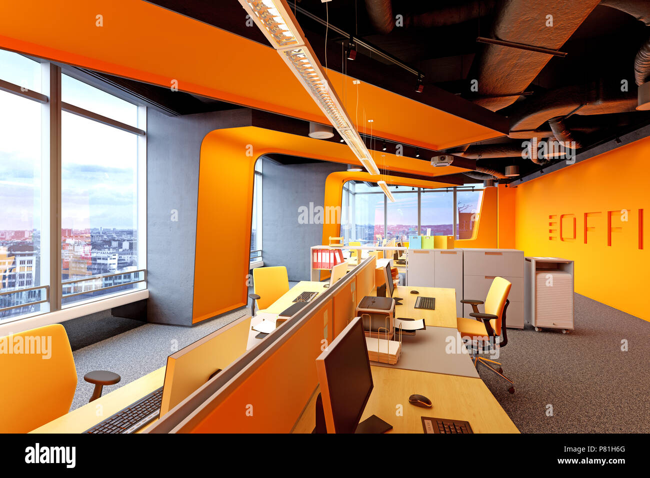 modern loft office interior. 3d rendering concept Stock Photo - Alamy