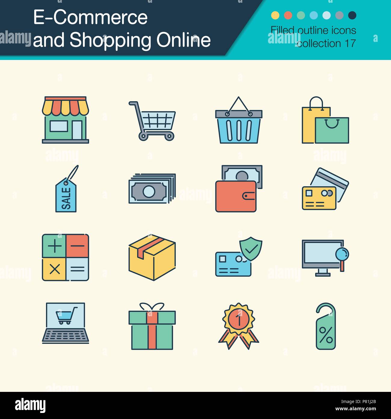 E-commerce and Shopping online icons. Filled outline design collection ...