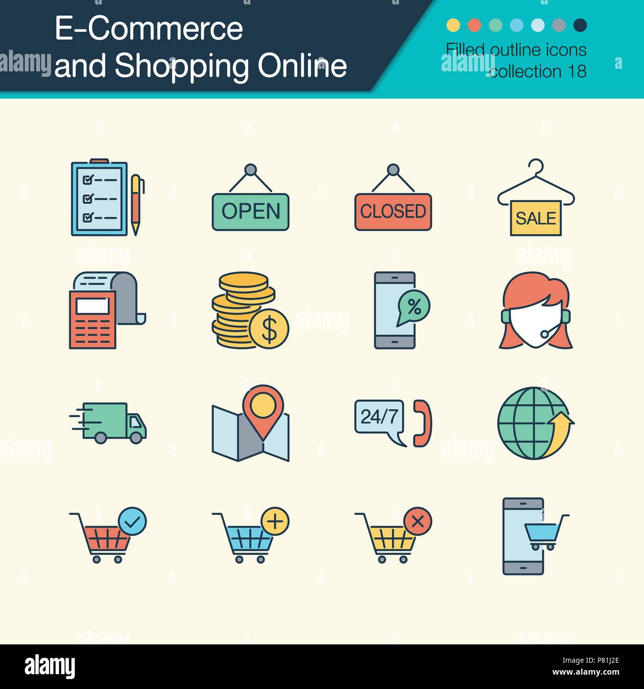 E-commerce and Shopping online icons. Filled outline design collection ...