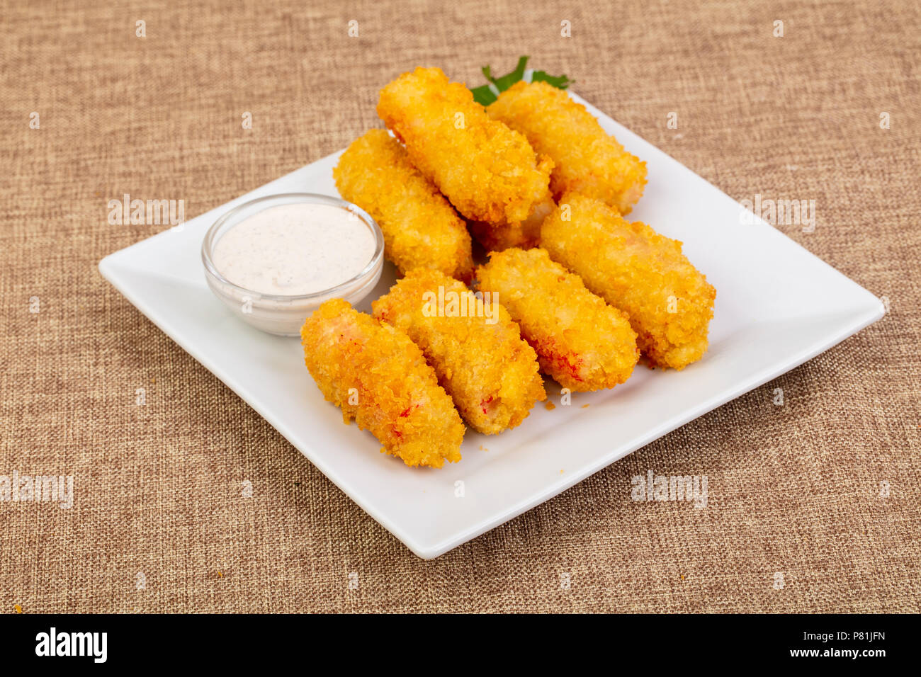 Crab meat sticks tempura with sauce Stock Photo Alamy