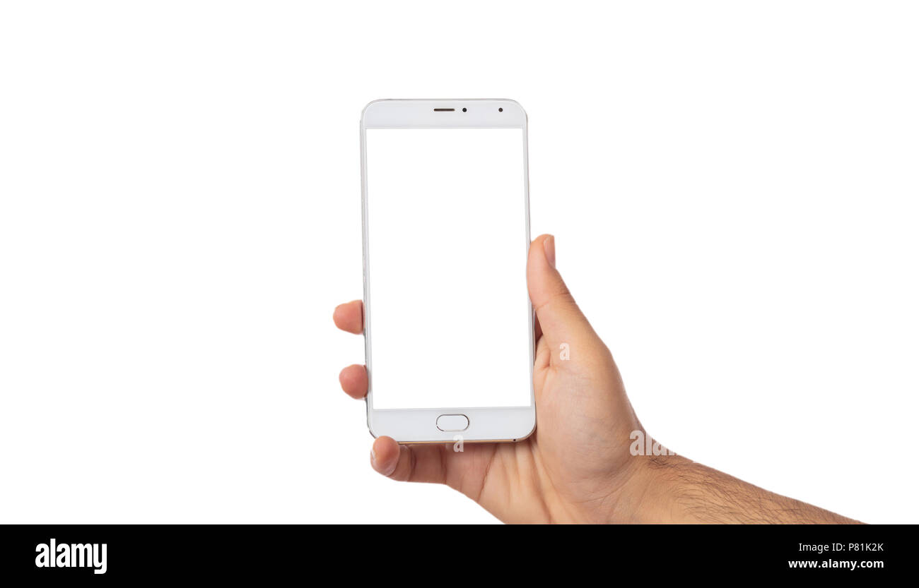 Male hand holding a smartphone with blank screen isolated on white background, clipping path Stock Photo