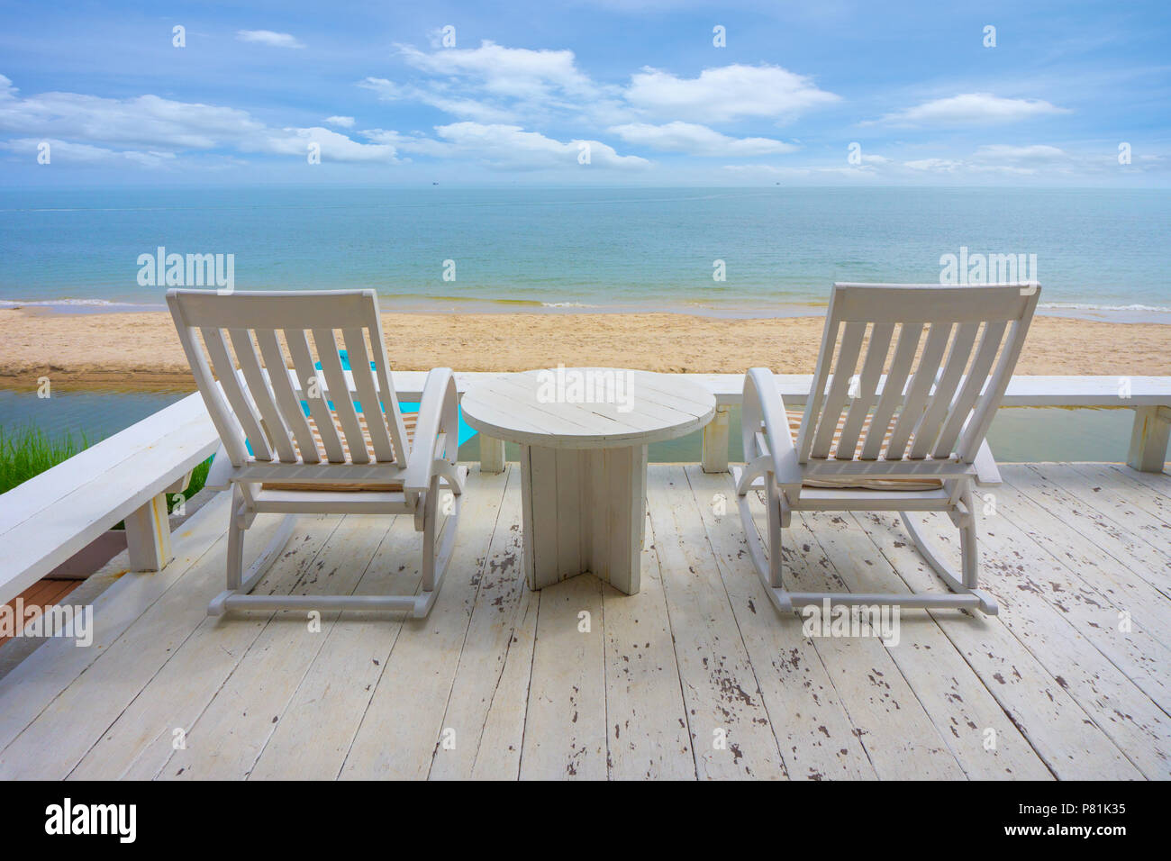 White Wood Beach Chair Near Sea In Summer And Relaxing Time Stock Photo Alamy