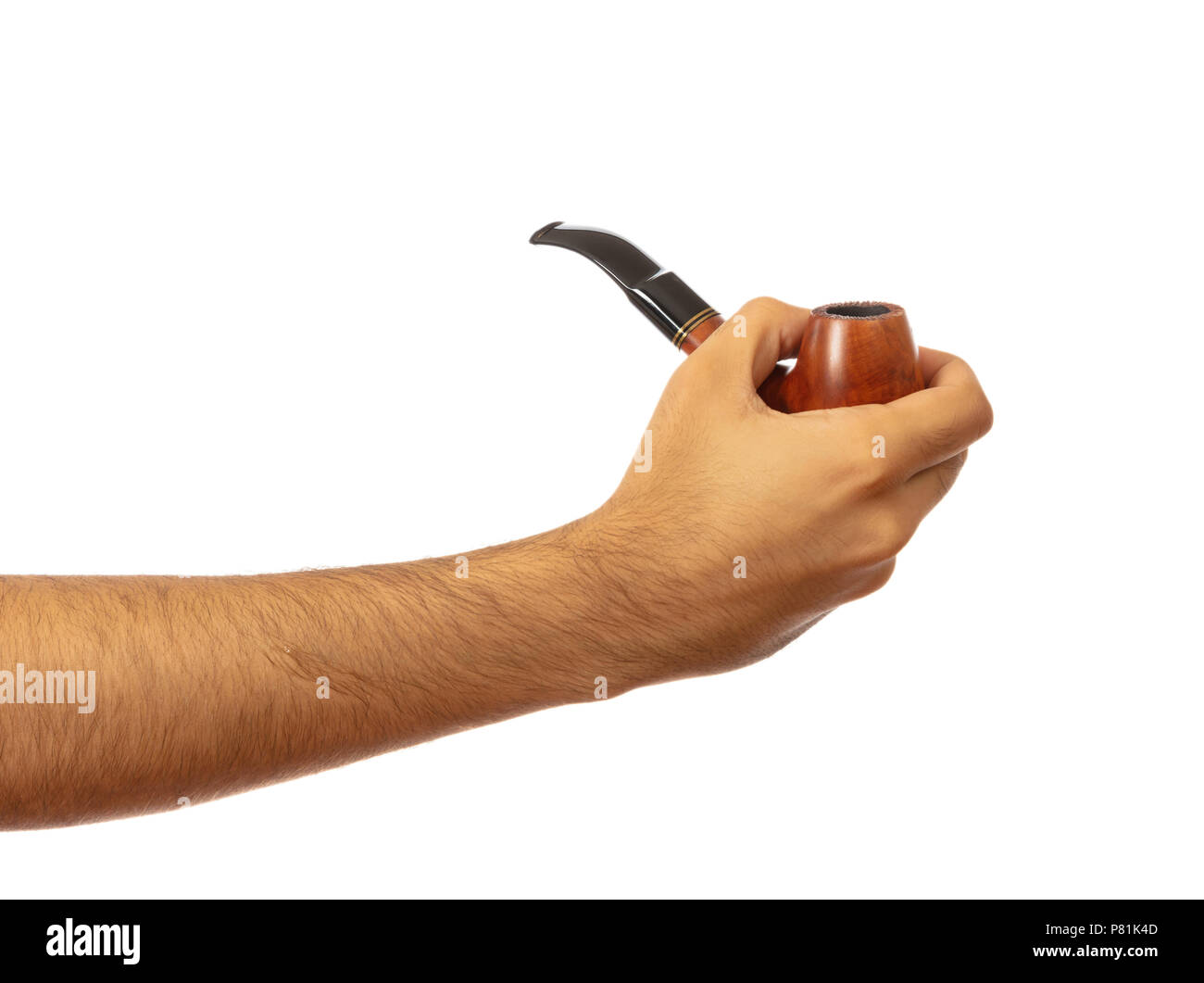 Smoking. Tobacco pipe in a male hand isolated on white background, clipping path Stock Photo