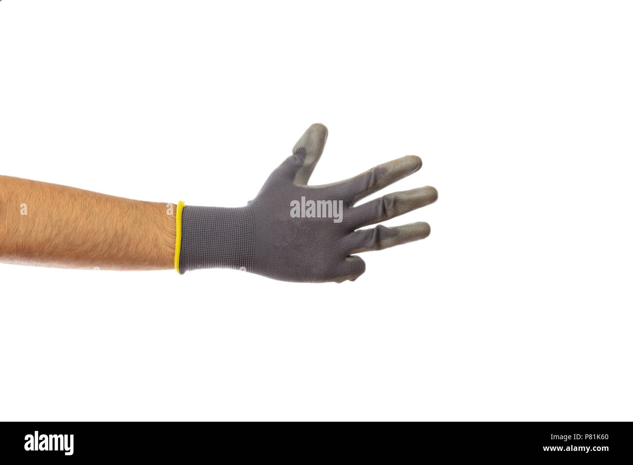 Step 4. Male gloved hand counting four isolated on white background, clipping path Stock Photo