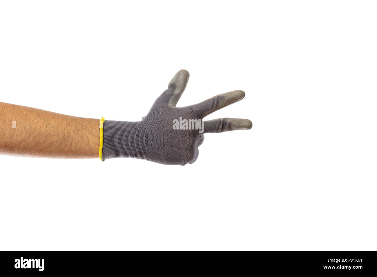 Step 3. Male gloved hand counting three isolated on white background, clipping path Stock Photo