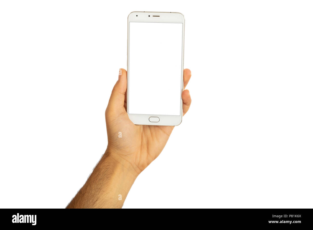 Male hand holding a smartphone with blank screen isolated on white ...
