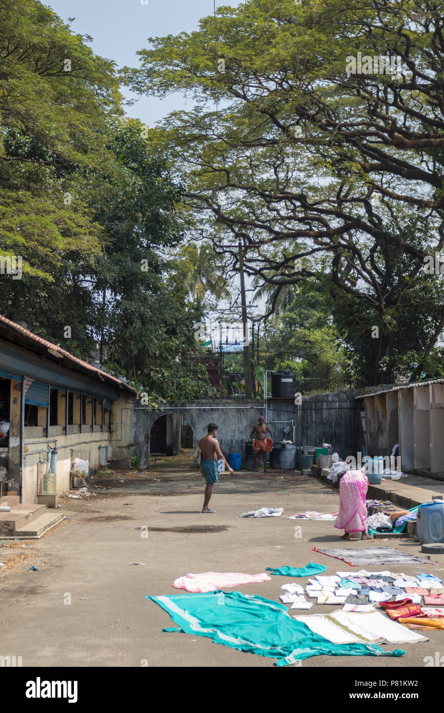 Fort Kochi, India - 16th November 2017: Dhobi Khana, a busy traditional hand laundry,  Fort Cochin India. Stock Photo